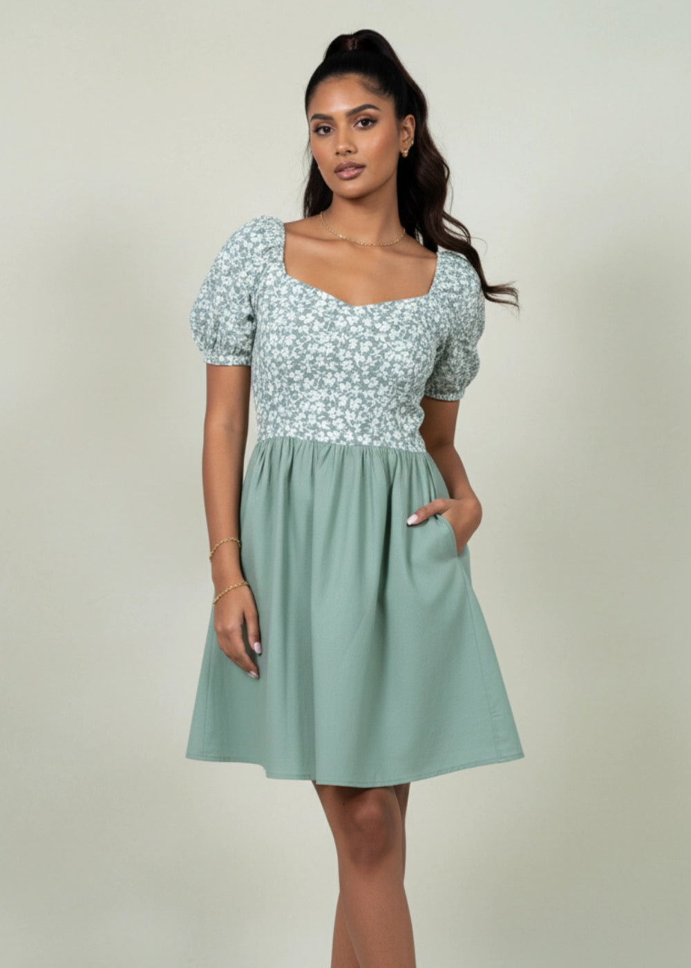 Sirocco Blooms Green Fit & Flare Cotton-Linen Dress