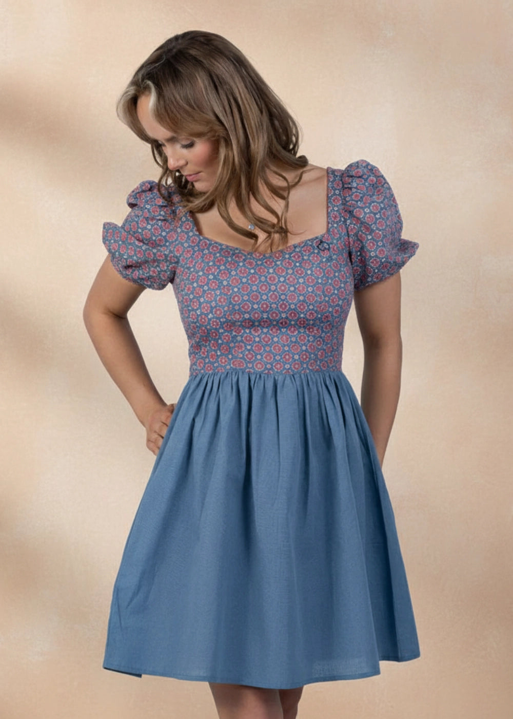 Roman Elegance Fit & Flare Blue Printed Cotton-Linen Dress Women Karee