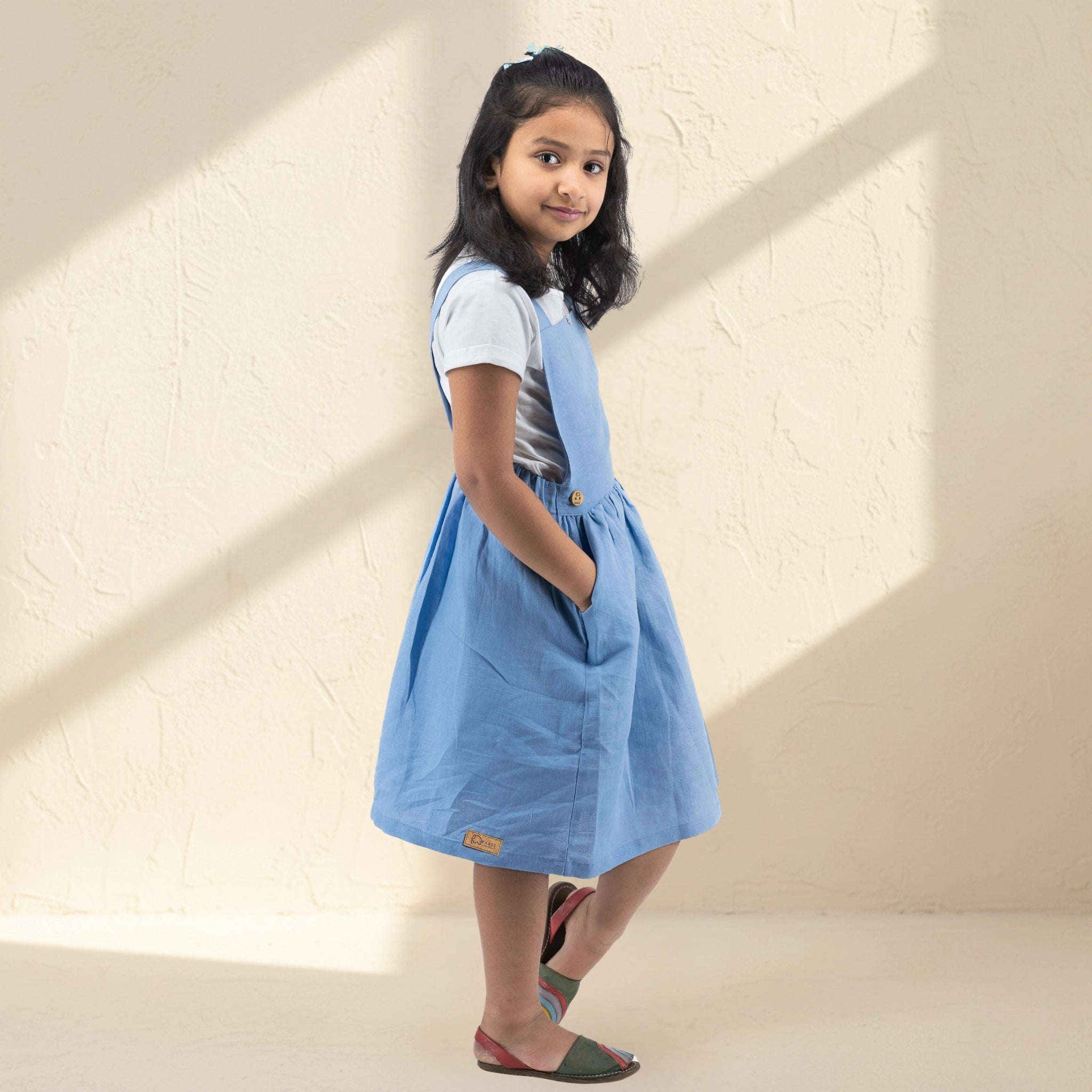 Cerulean Blue Linen Cotton Pinafore for Girls | Karee Sustainable Kidswear Kids Karee