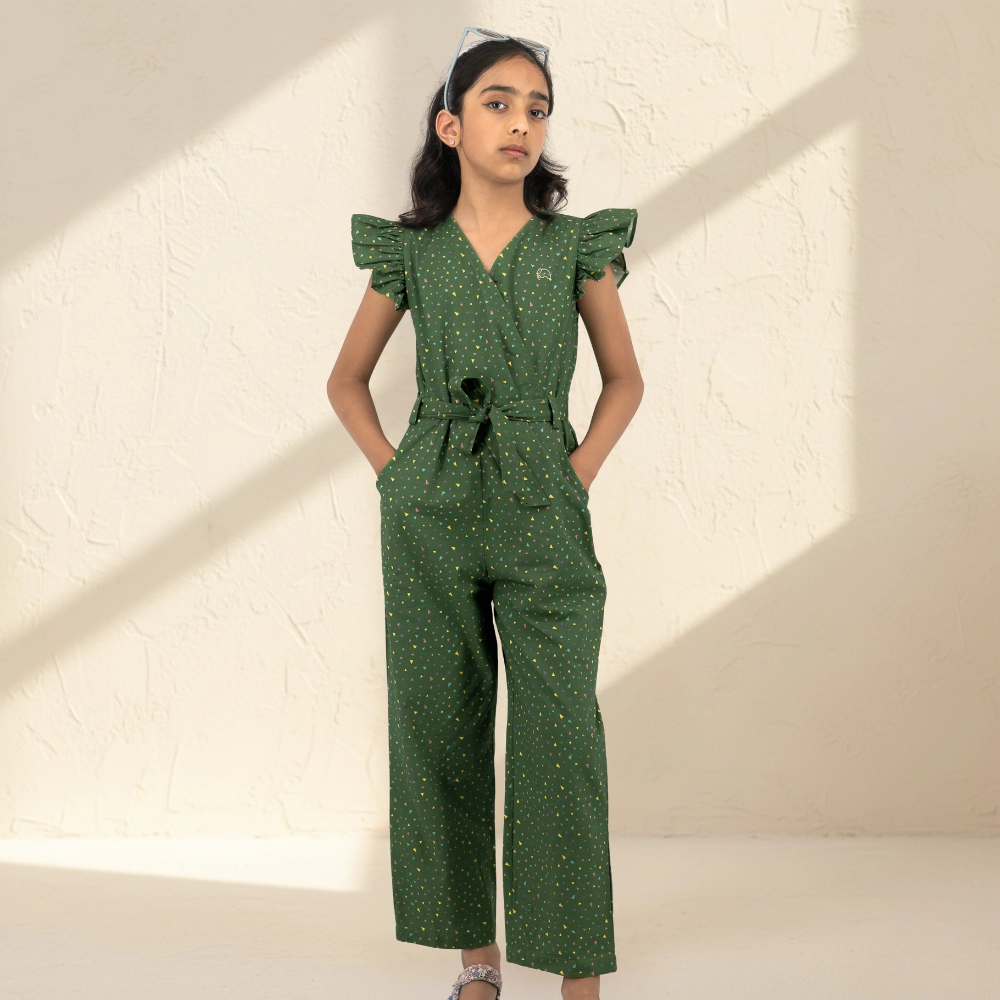 Green Confetti Cotton V-Neck Jumpsuit for Girls | Karee Sustainable Kidswear Kids Karee