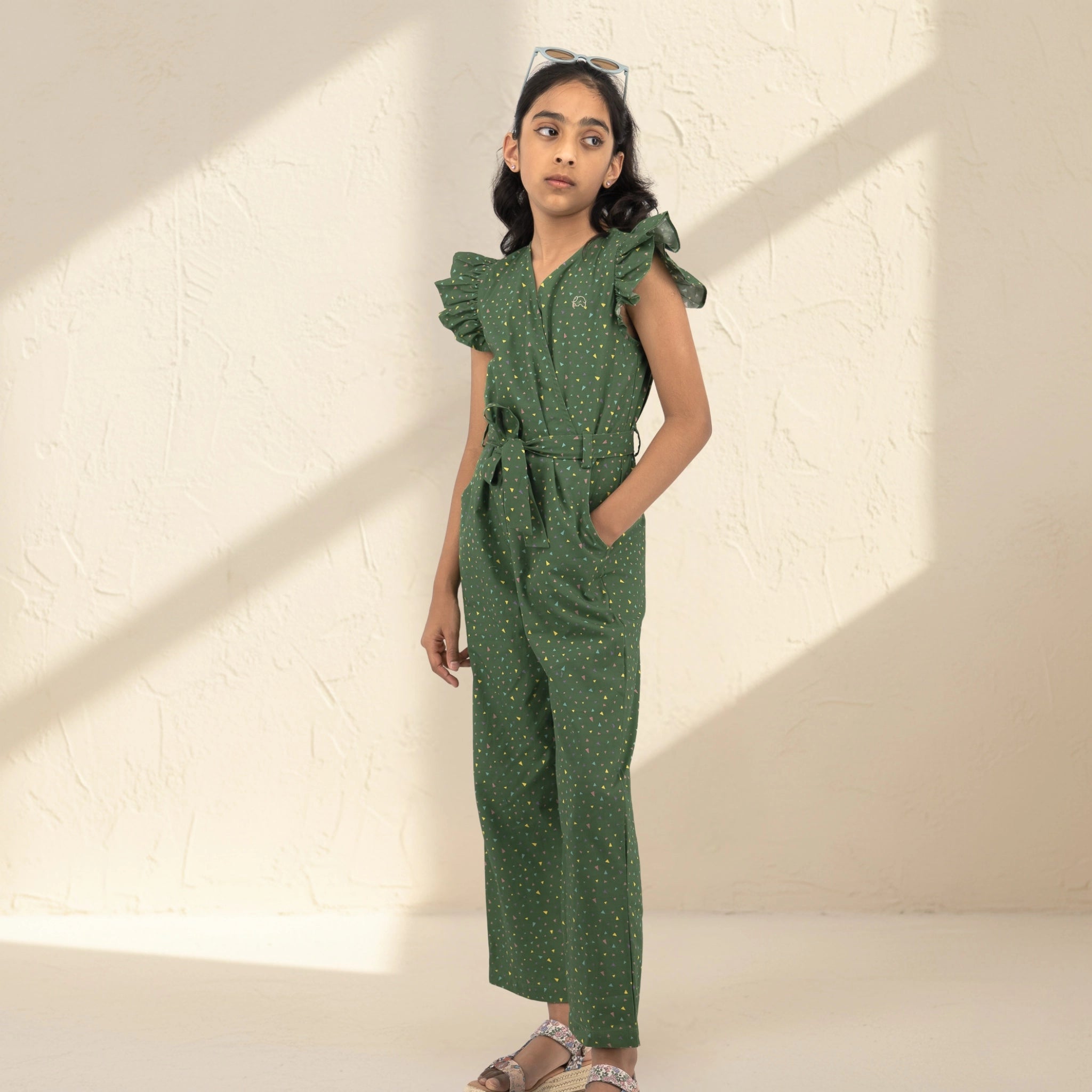Green Confetti Cotton V-Neck Jumpsuit for Girls | Karee Sustainable Kidswear Kids Karee