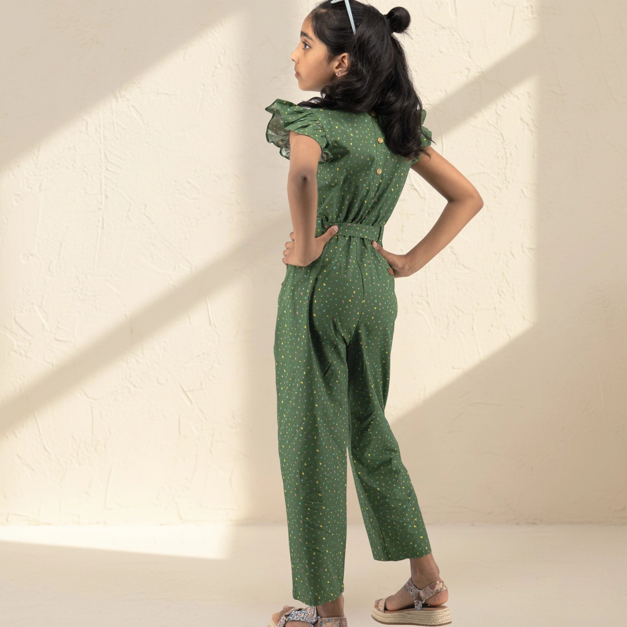 Green Confetti Cotton V-Neck Jumpsuit for Girls | Karee Sustainable Kidswear Kids Karee