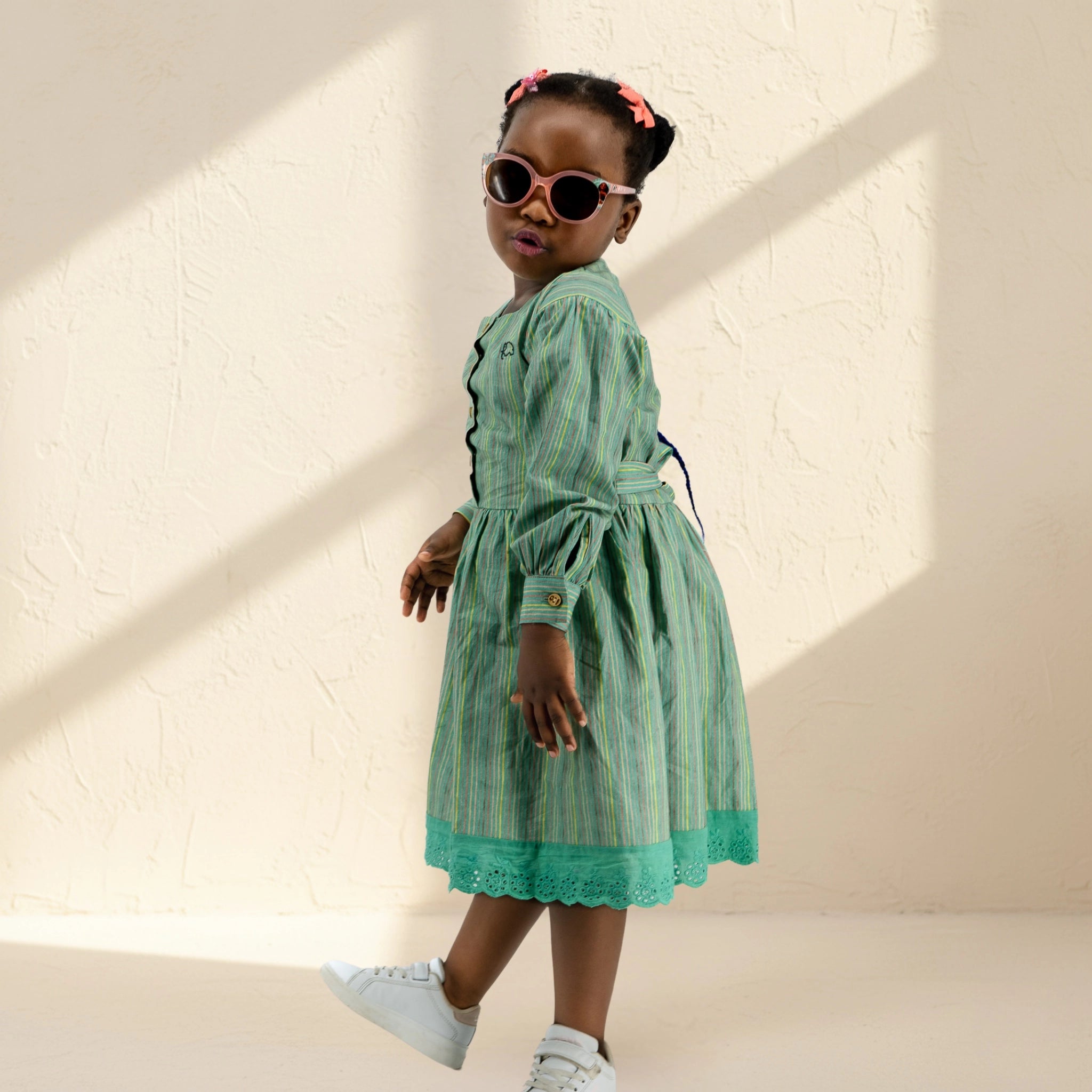 Green Striped Puff Sleeve Cotton Dress for Girls | Karee Sustainable Kidswear Kids Karee