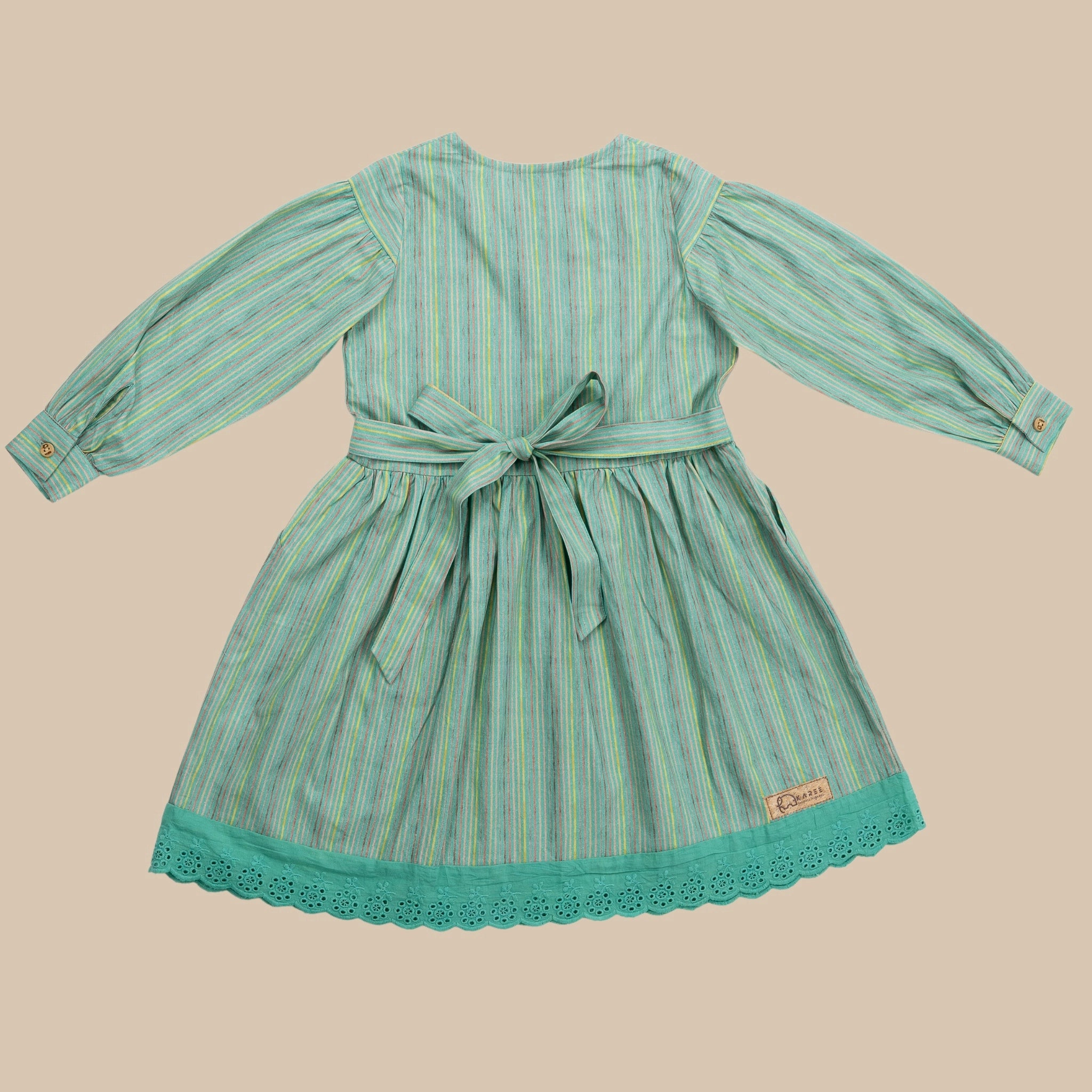 Green Striped Puff Sleeve Cotton Dress for Girls | Karee Sustainable Kidswear Kids Karee