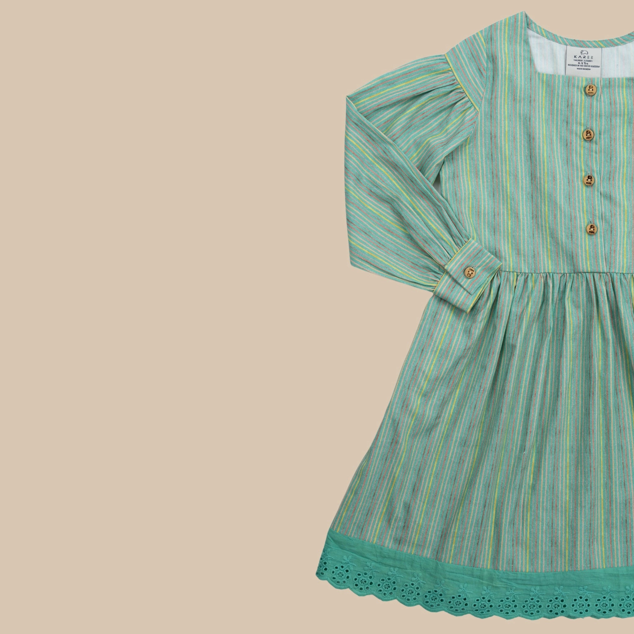 Green Striped Puff Sleeve Cotton Dress for Girls | Karee Sustainable Kidswear Kids Karee