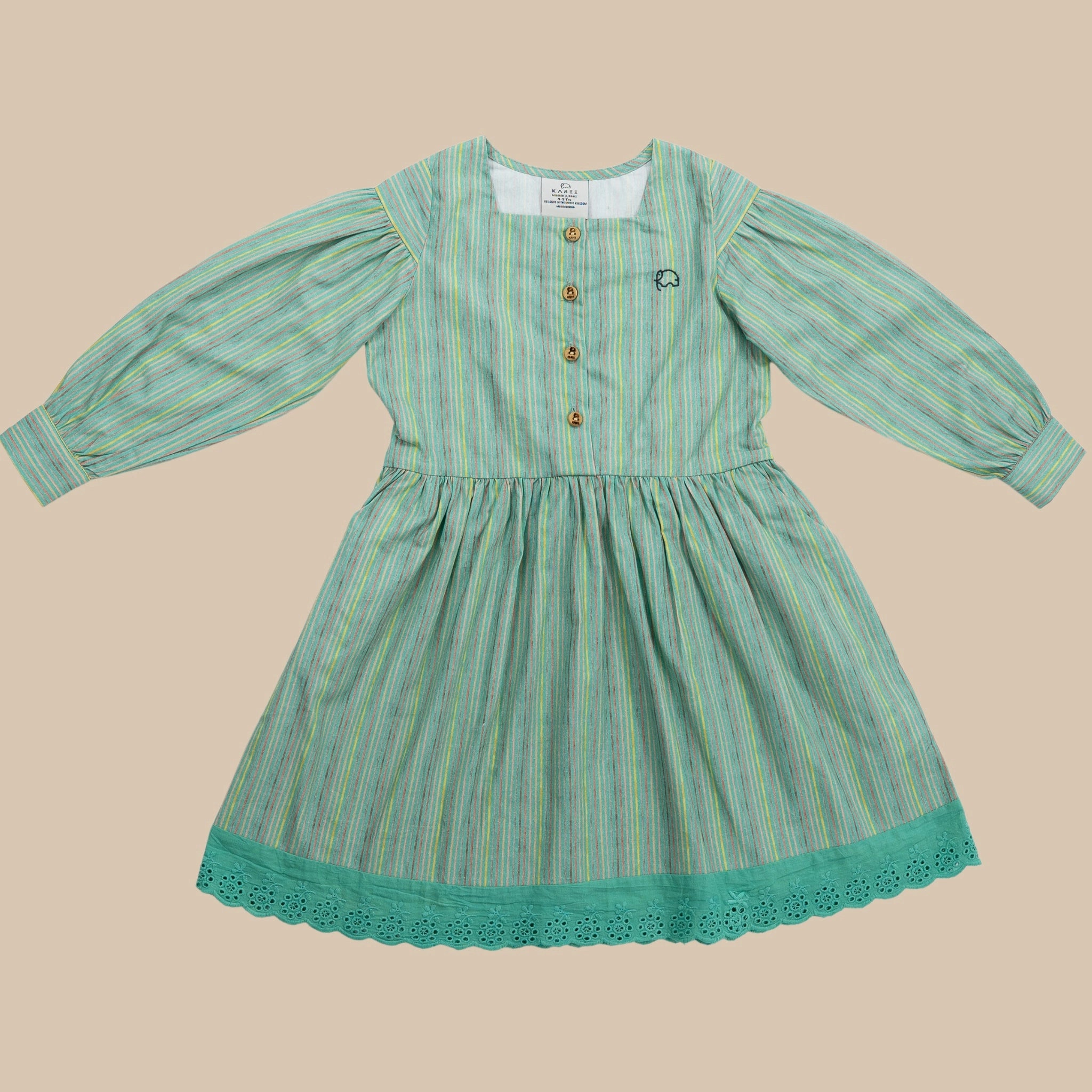 Green Striped Puff Sleeve Cotton Dress for Girls | Karee Sustainable Kidswear Kids Karee
