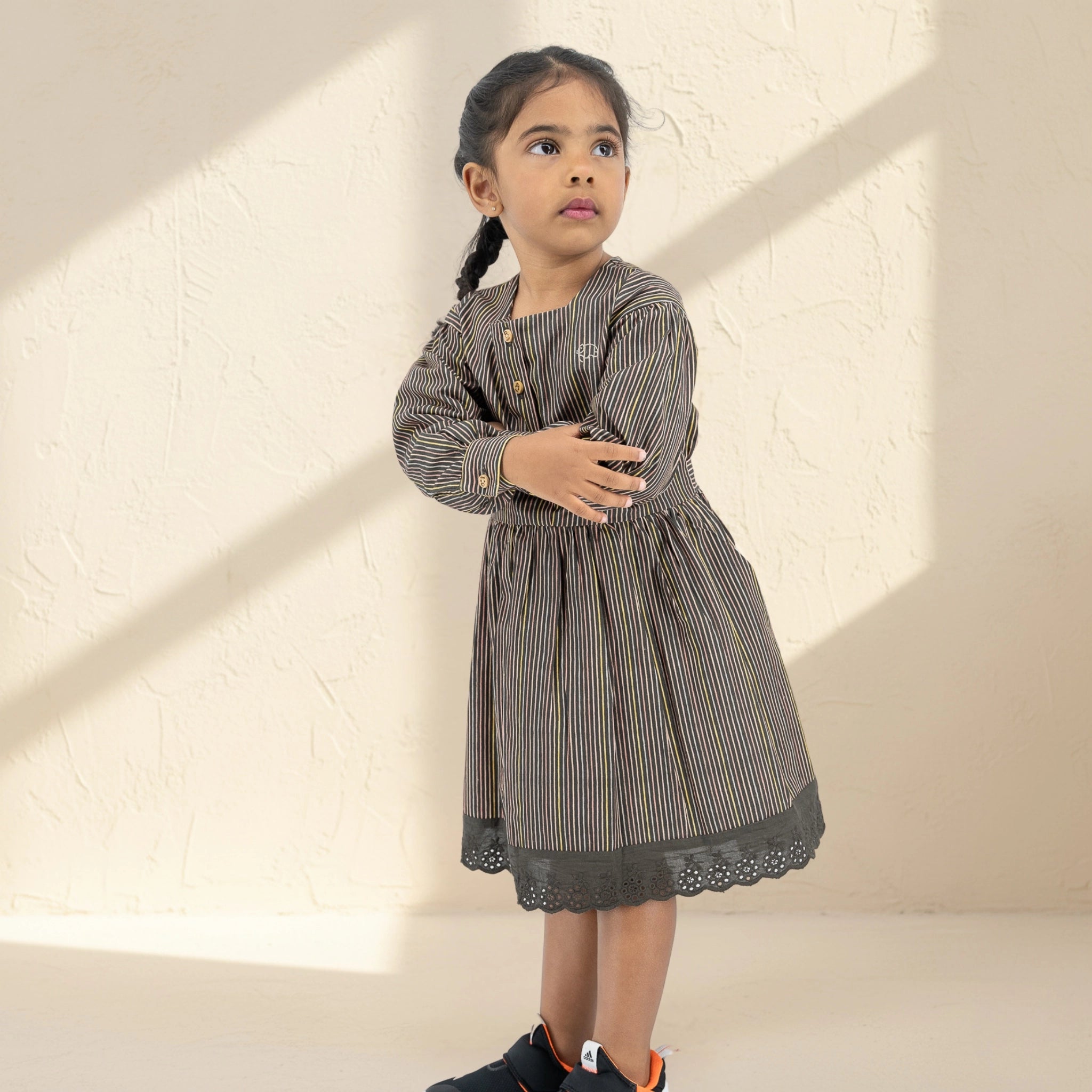 Black Striped Full Sleeve Cotton Dress for Girls | Karee Sustainable Kidswear Kids Karee