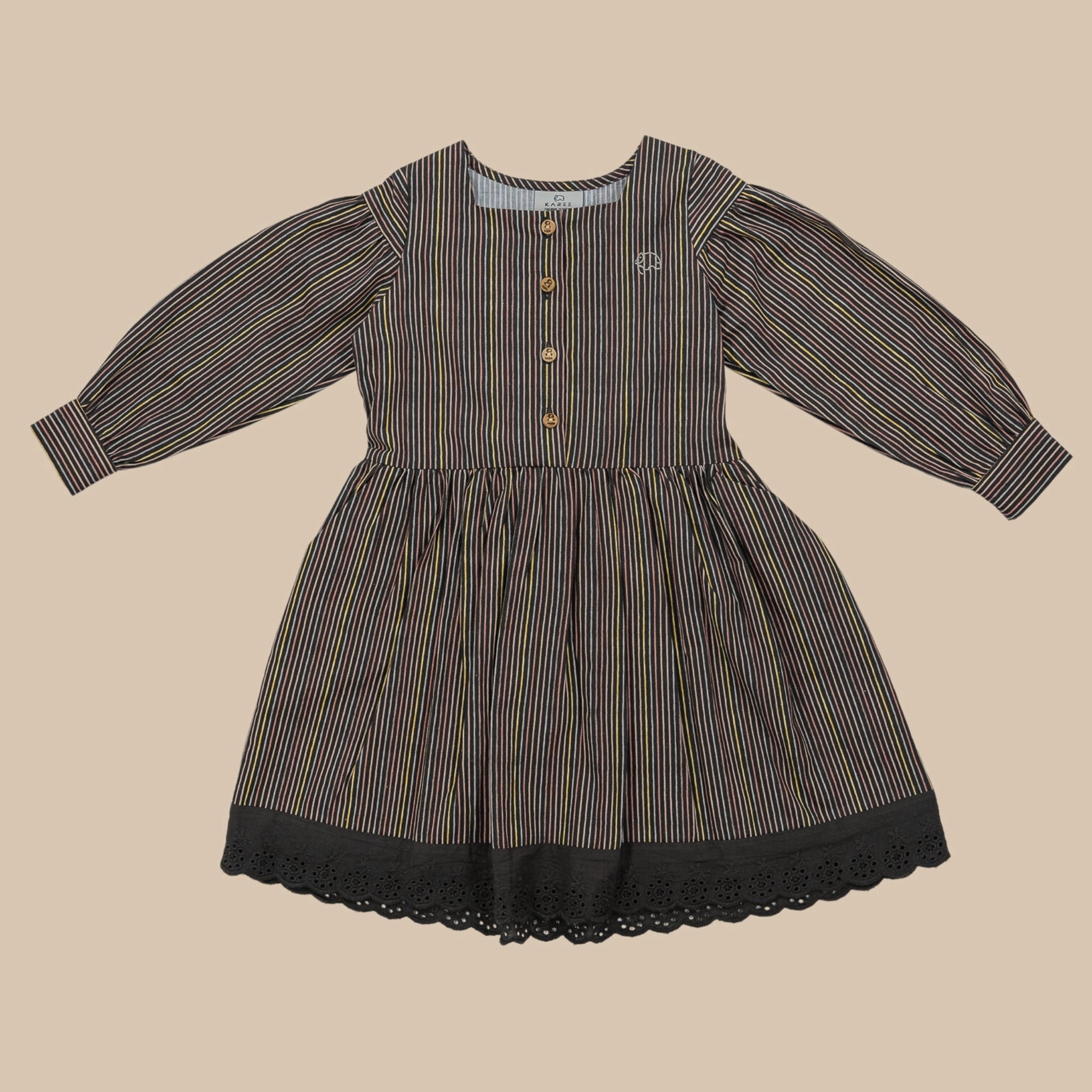 Black Striped Full Sleeve Cotton Dress for Girls | Karee Sustainable Kidswear Kids Karee