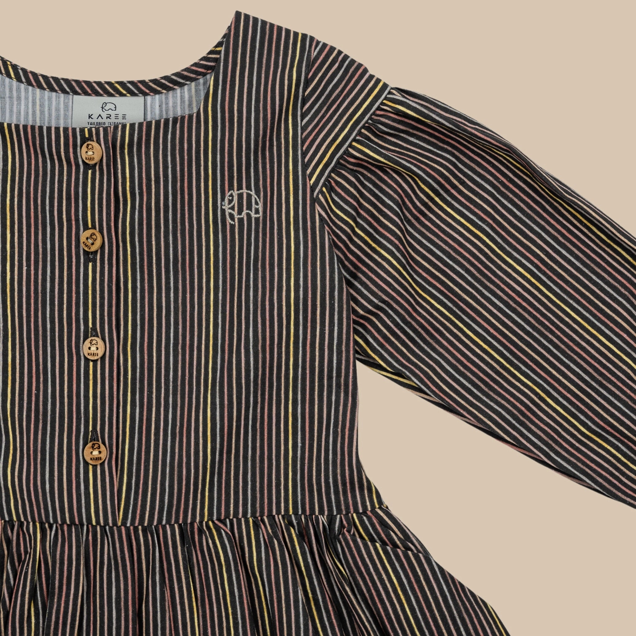 Black Striped Full Sleeve Cotton Dress for Girls | Karee Sustainable Kidswear Kids Karee