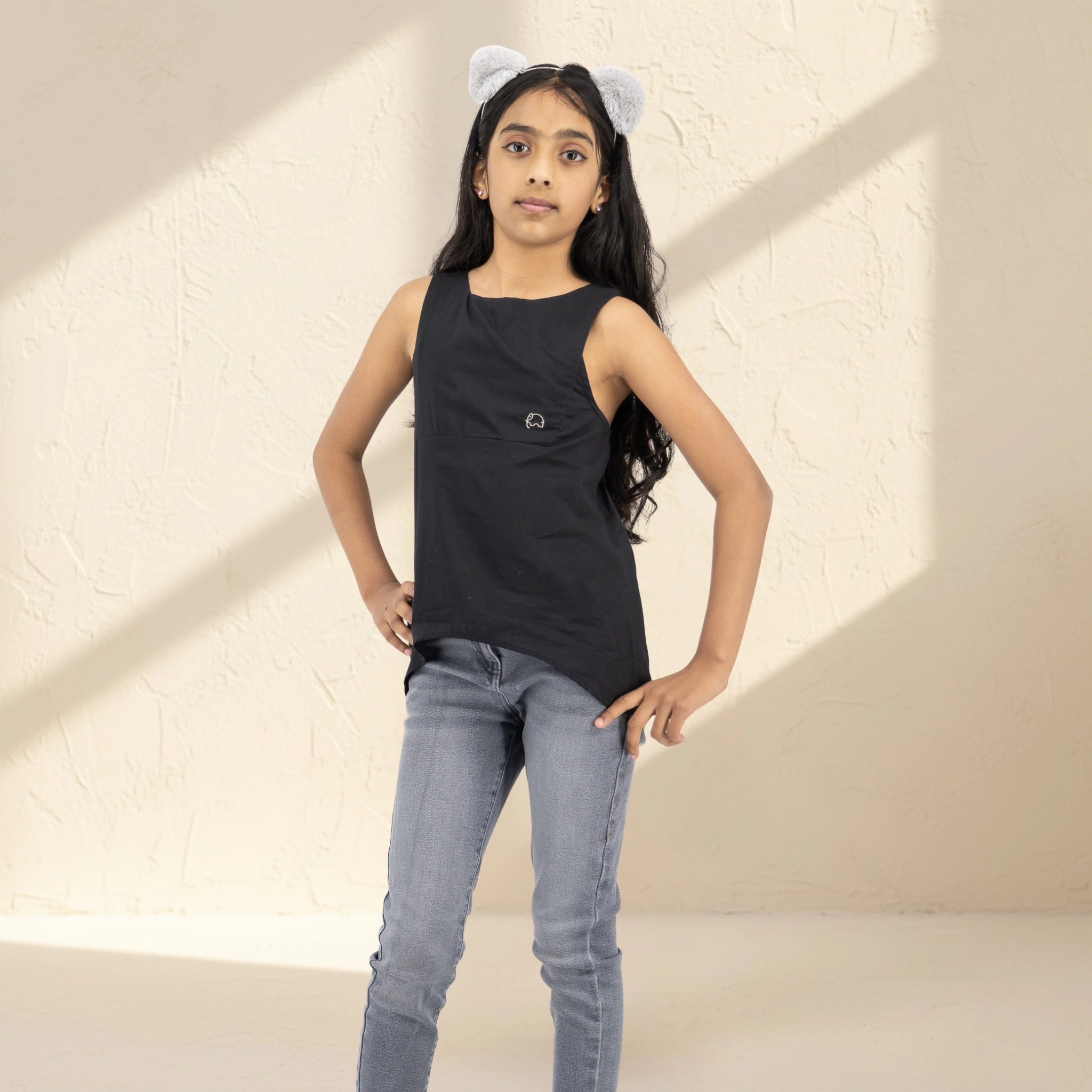 Black Cotton Bib Neck Top for Girls | Karee Sustainable Kidswear Kids Karee