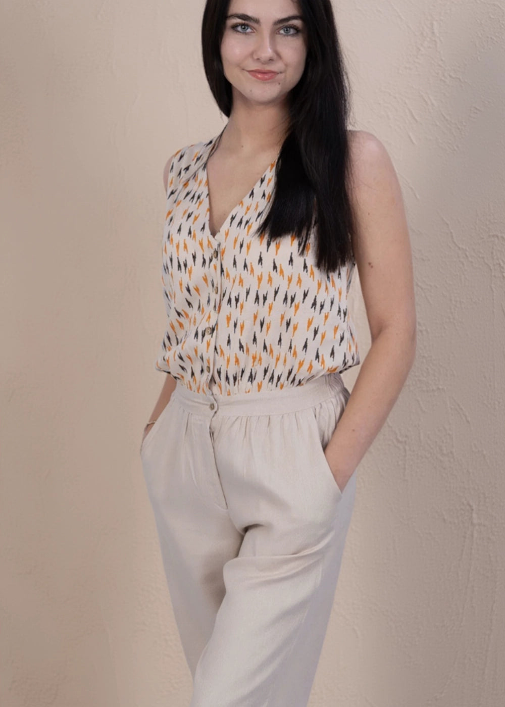 Beige Chevron Linen-Cotton Jumpsuit