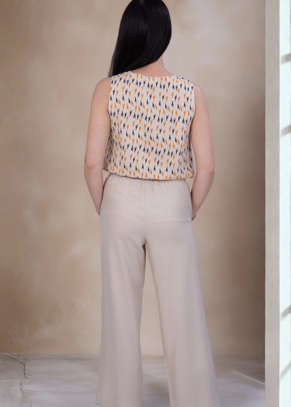 Beige Chevron Linen-Cotton Jumpsuit