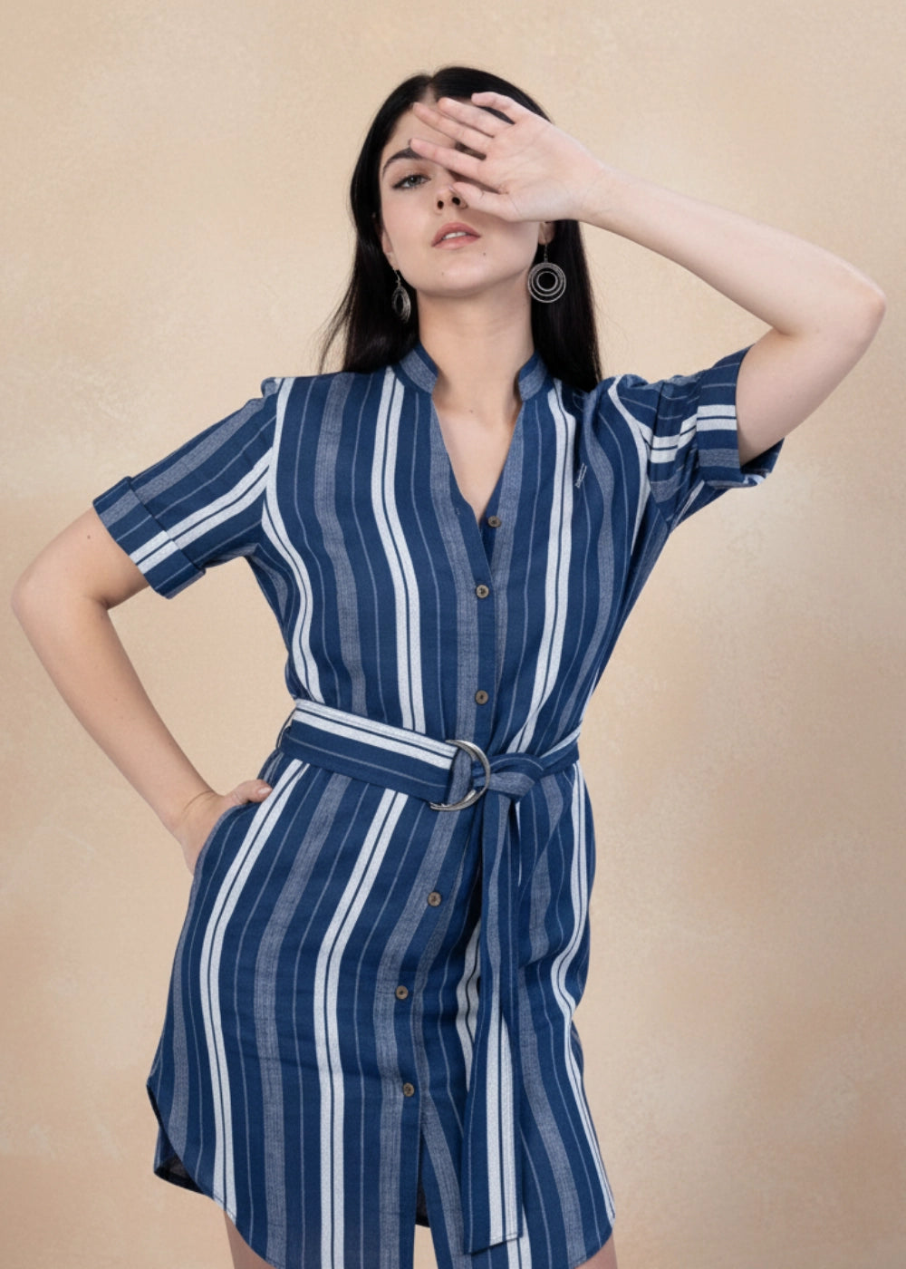 Navy Khadi Linen Shirt Dress Women Karee