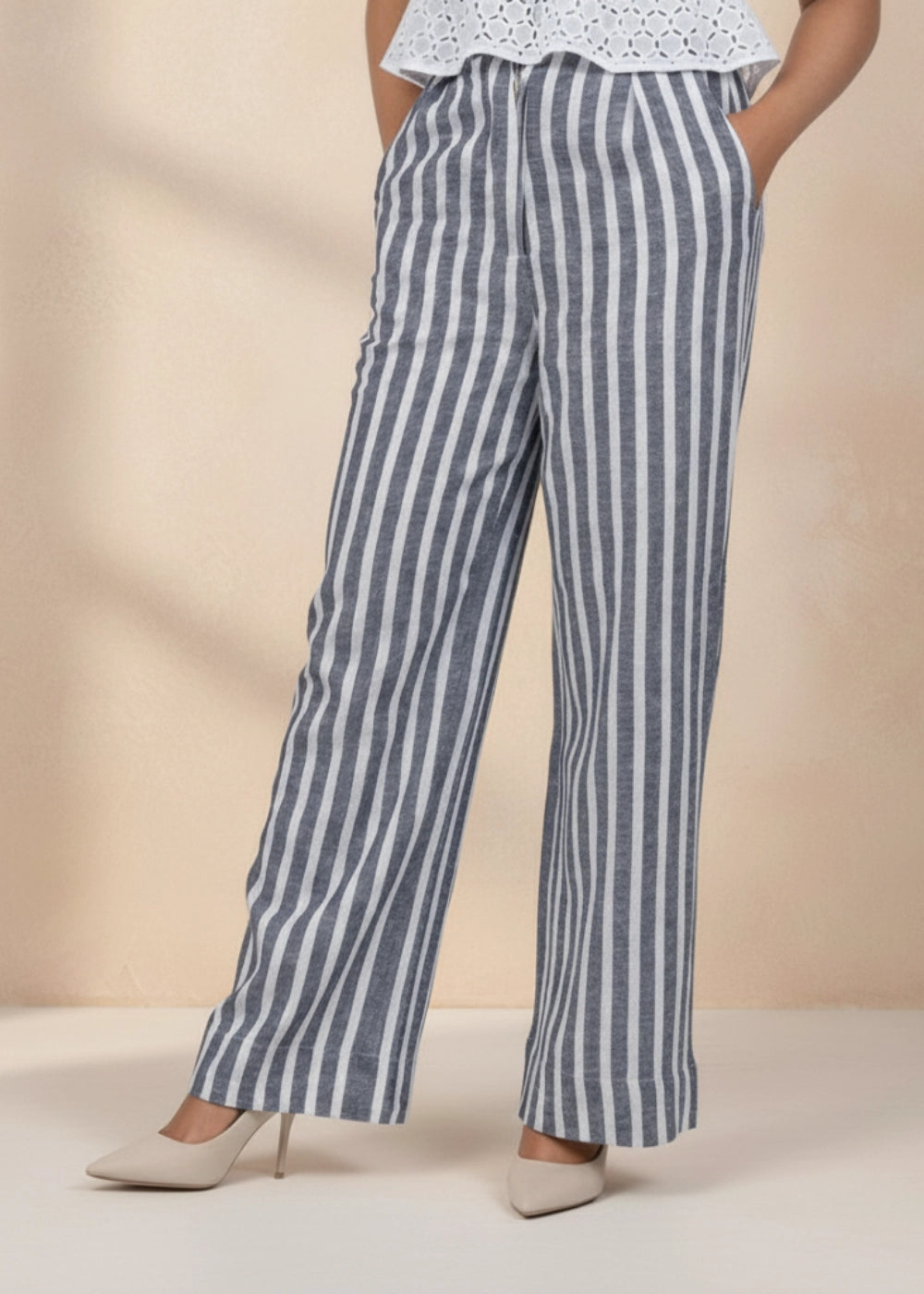 Monochrome Striped Linen Trousers Women Karee