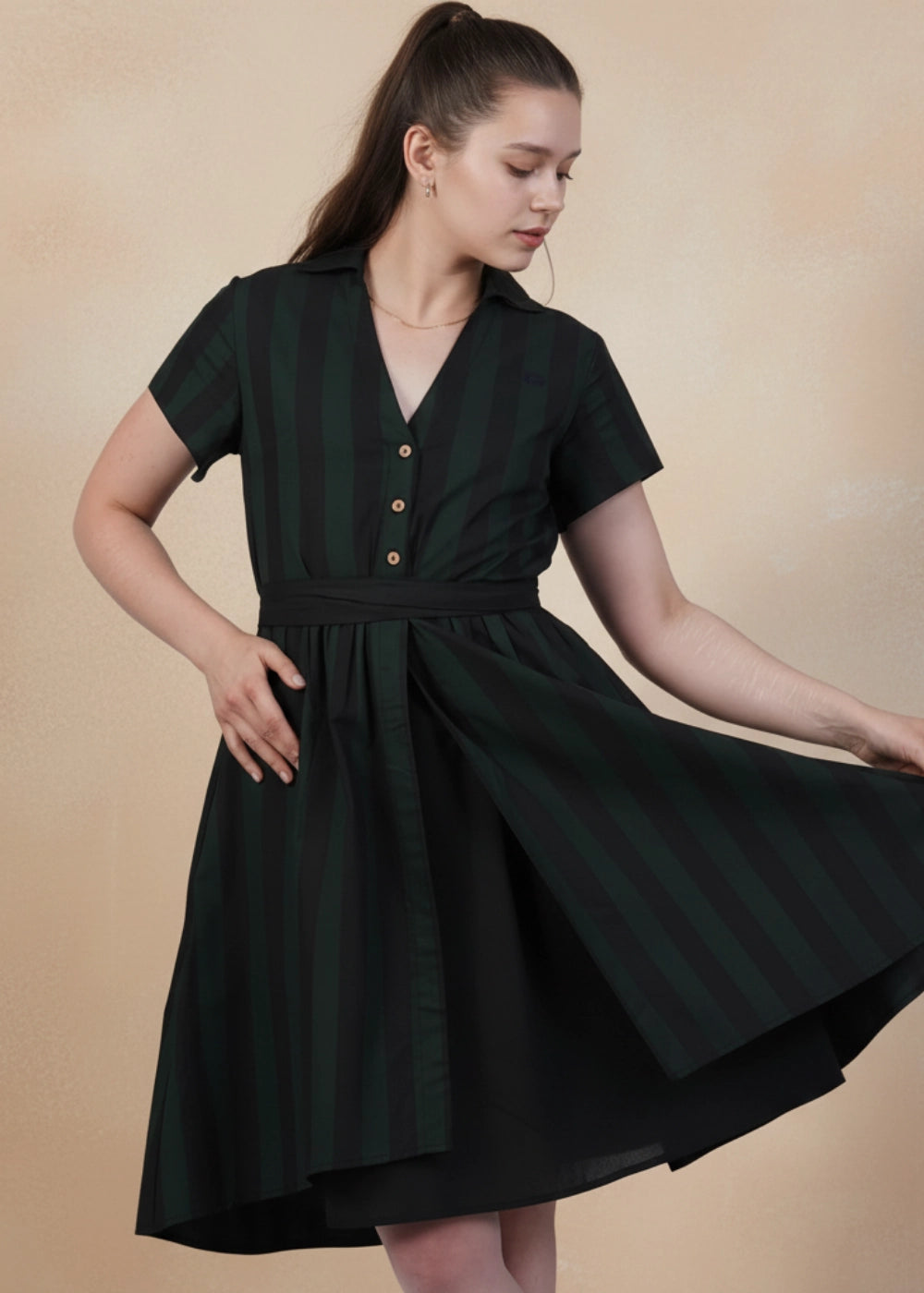 Green & Black Striped Elegance Slit Dress