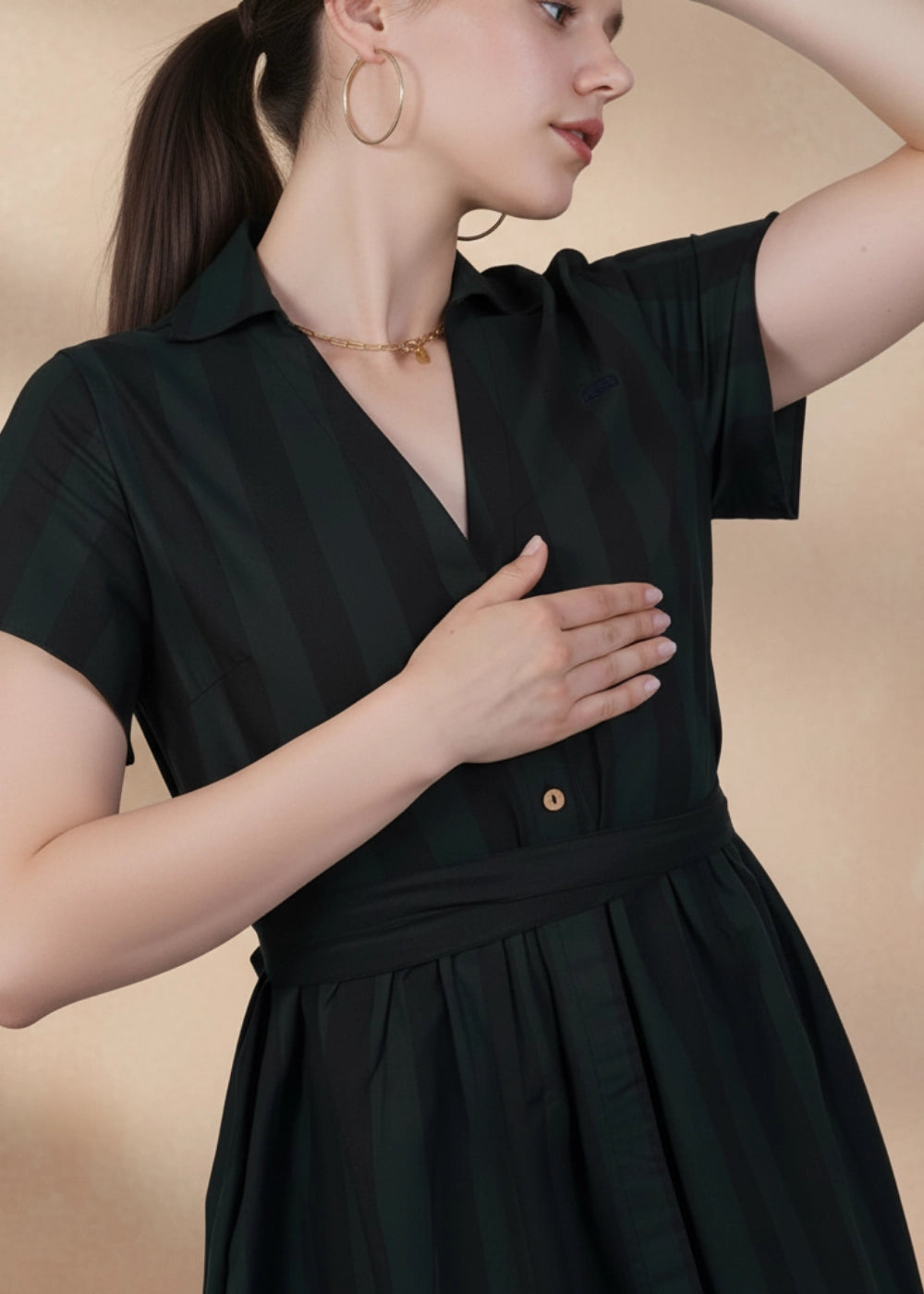 Green & Black Striped Elegance Slit Dress