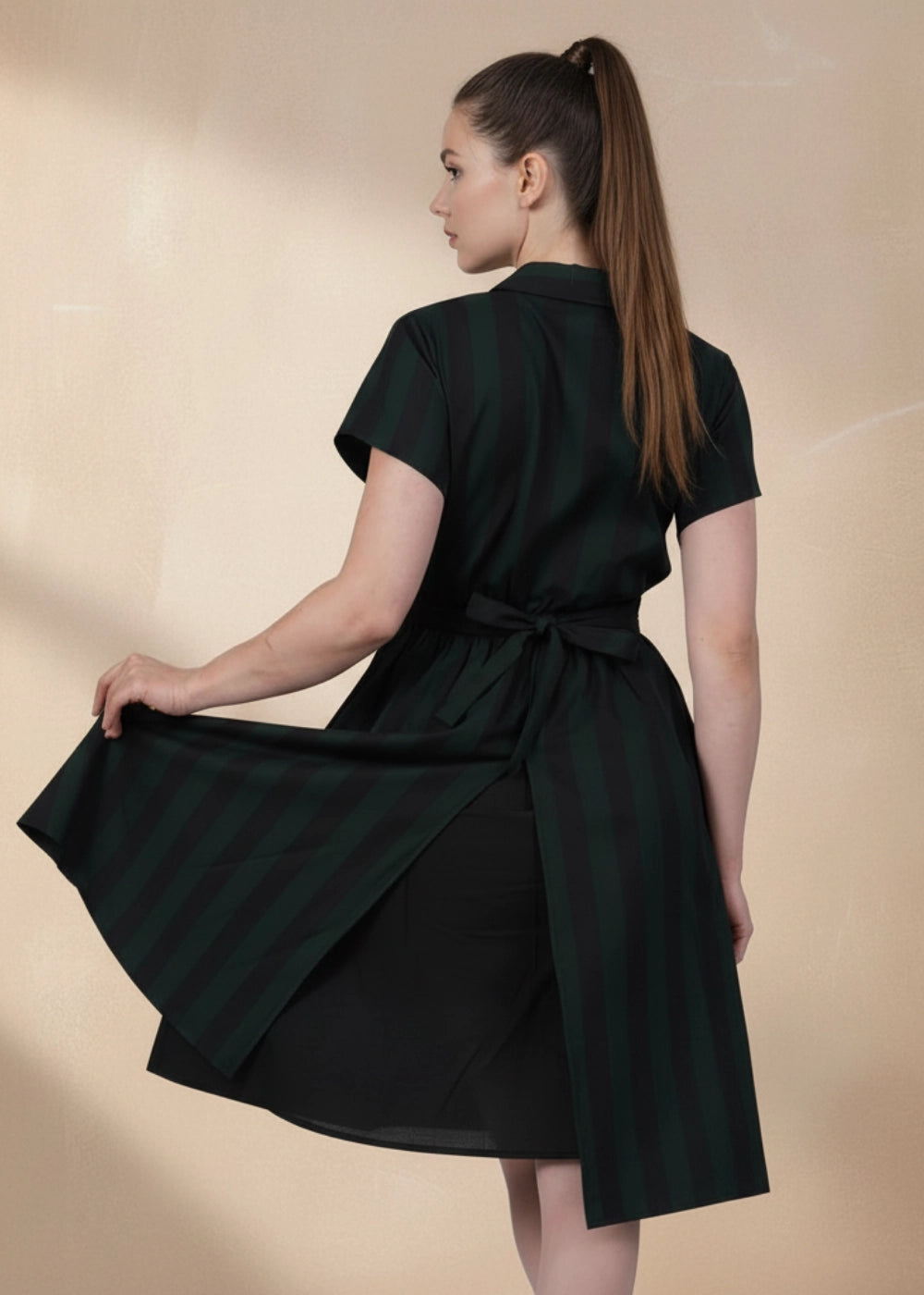 Green & Black Striped Elegance Slit Dress