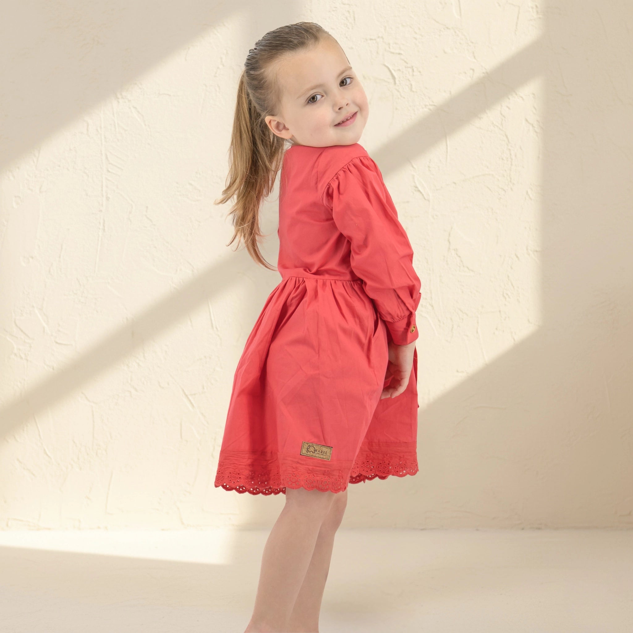 Red Long Puff Sleeve Cotton Dress Kids Karee