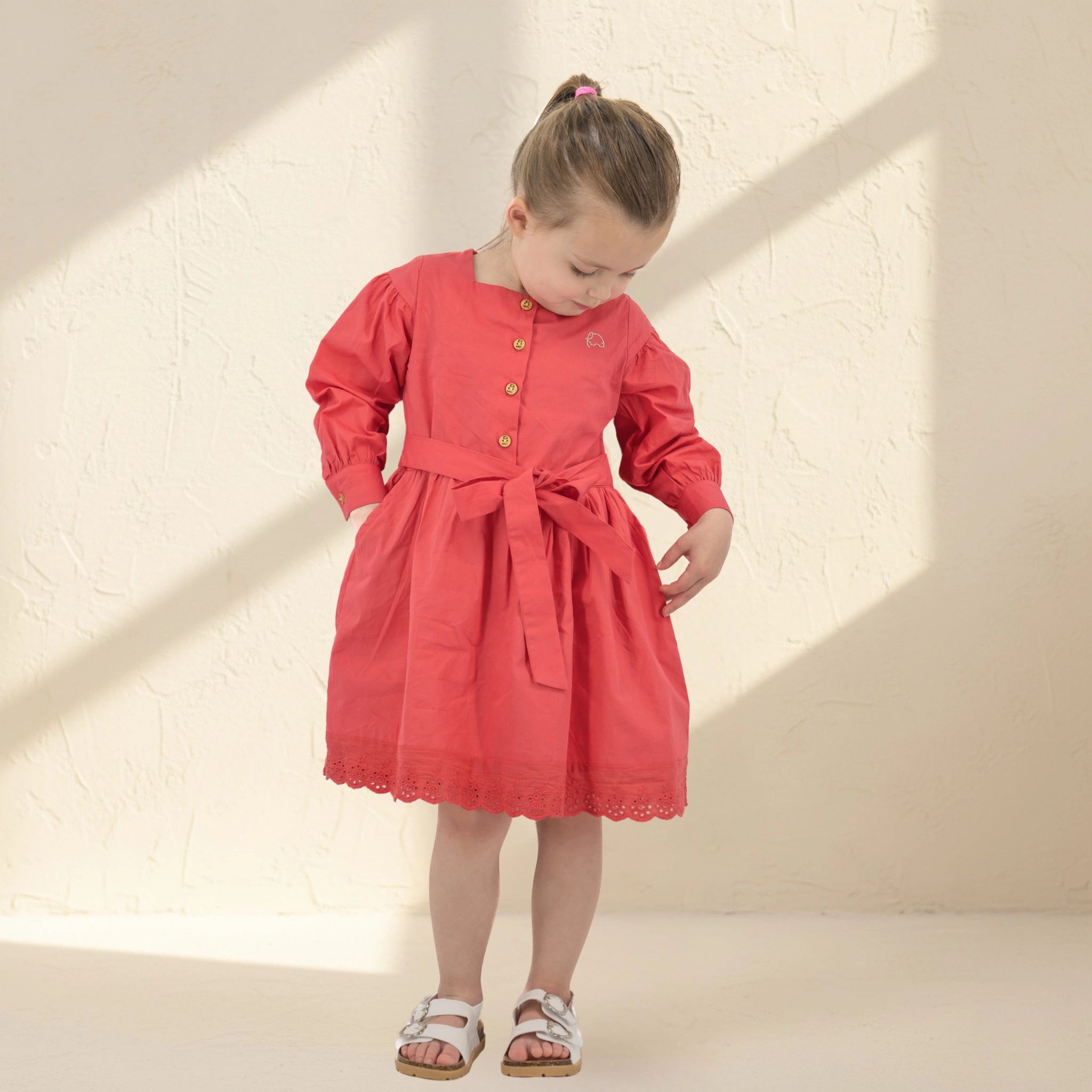 Red Long Puff Sleeve Cotton Dress Kids Karee