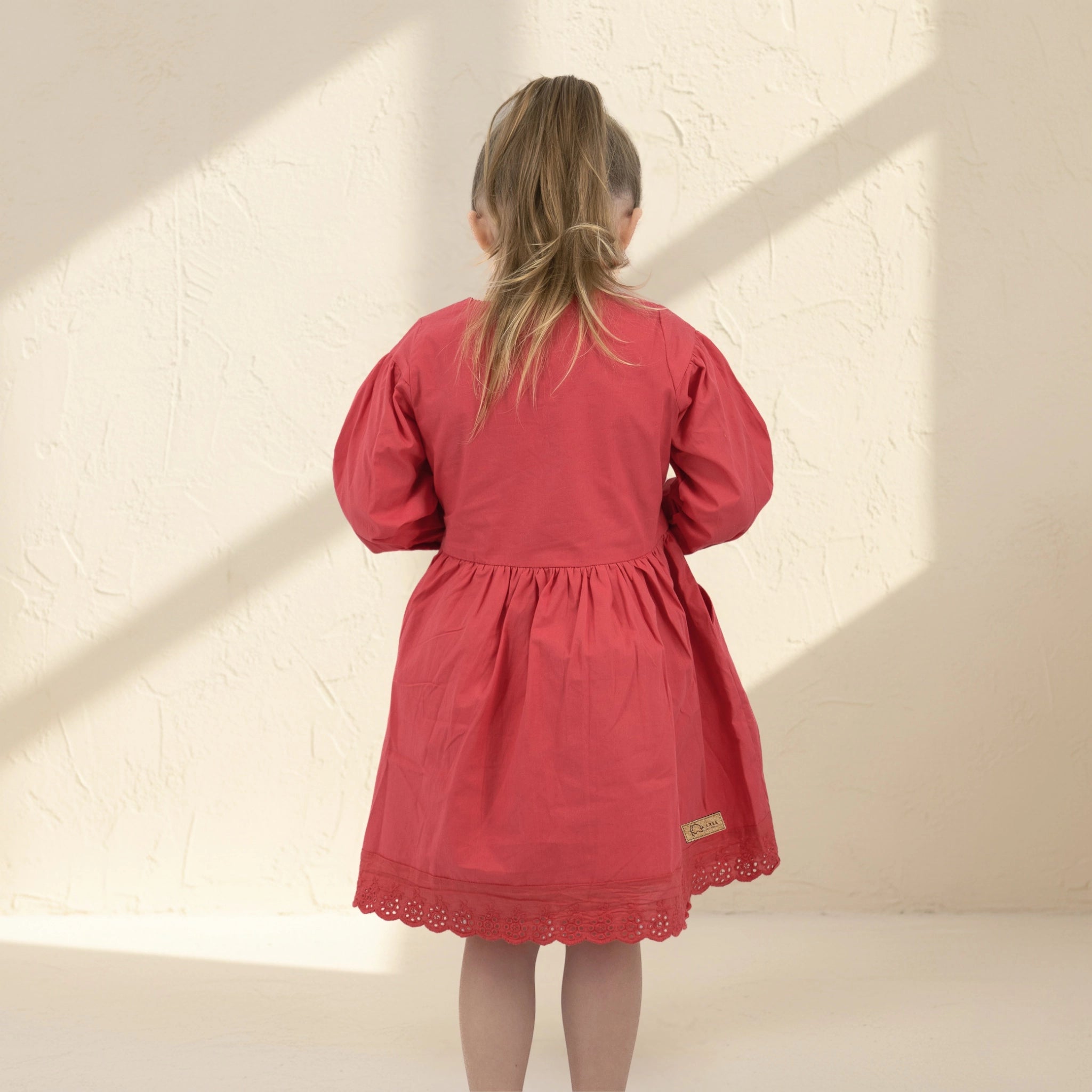 Red Long Puff Sleeve Cotton Dress Kids Karee