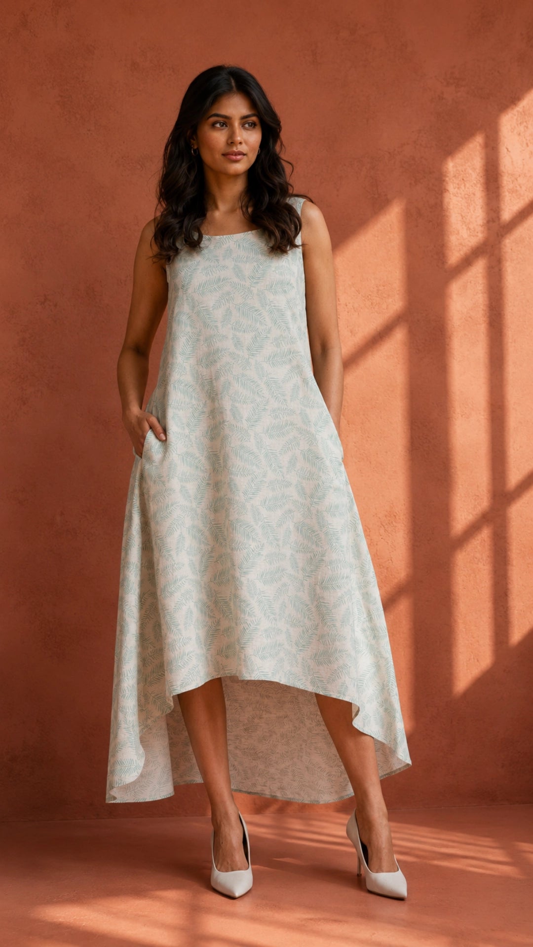 Blue Botanical Print High-Low Linen Cotton Dress for Women India | Karee Women Karee