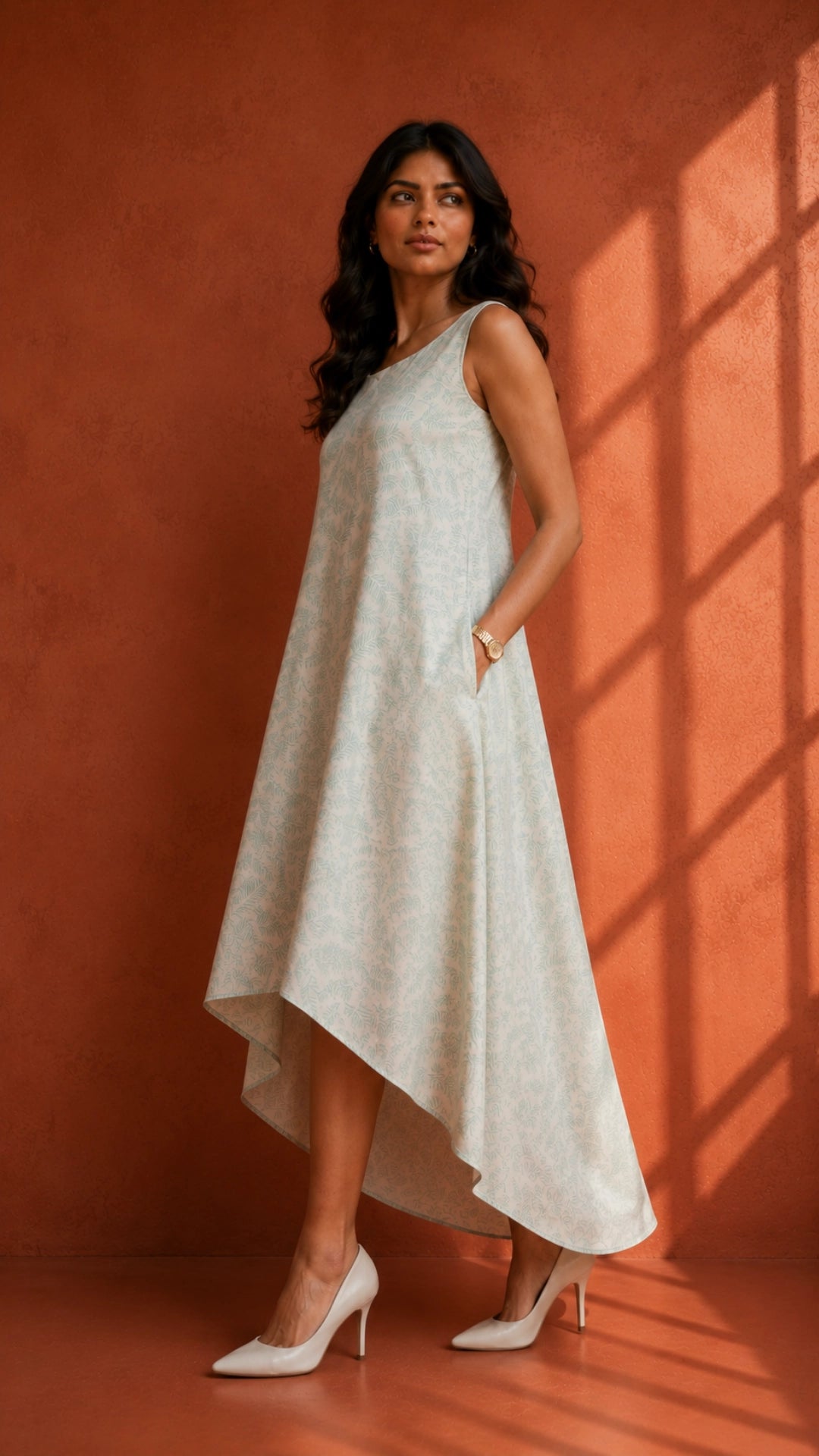 Blue Botanical Print High-Low Linen Cotton Dress for Women India | Karee Women Karee