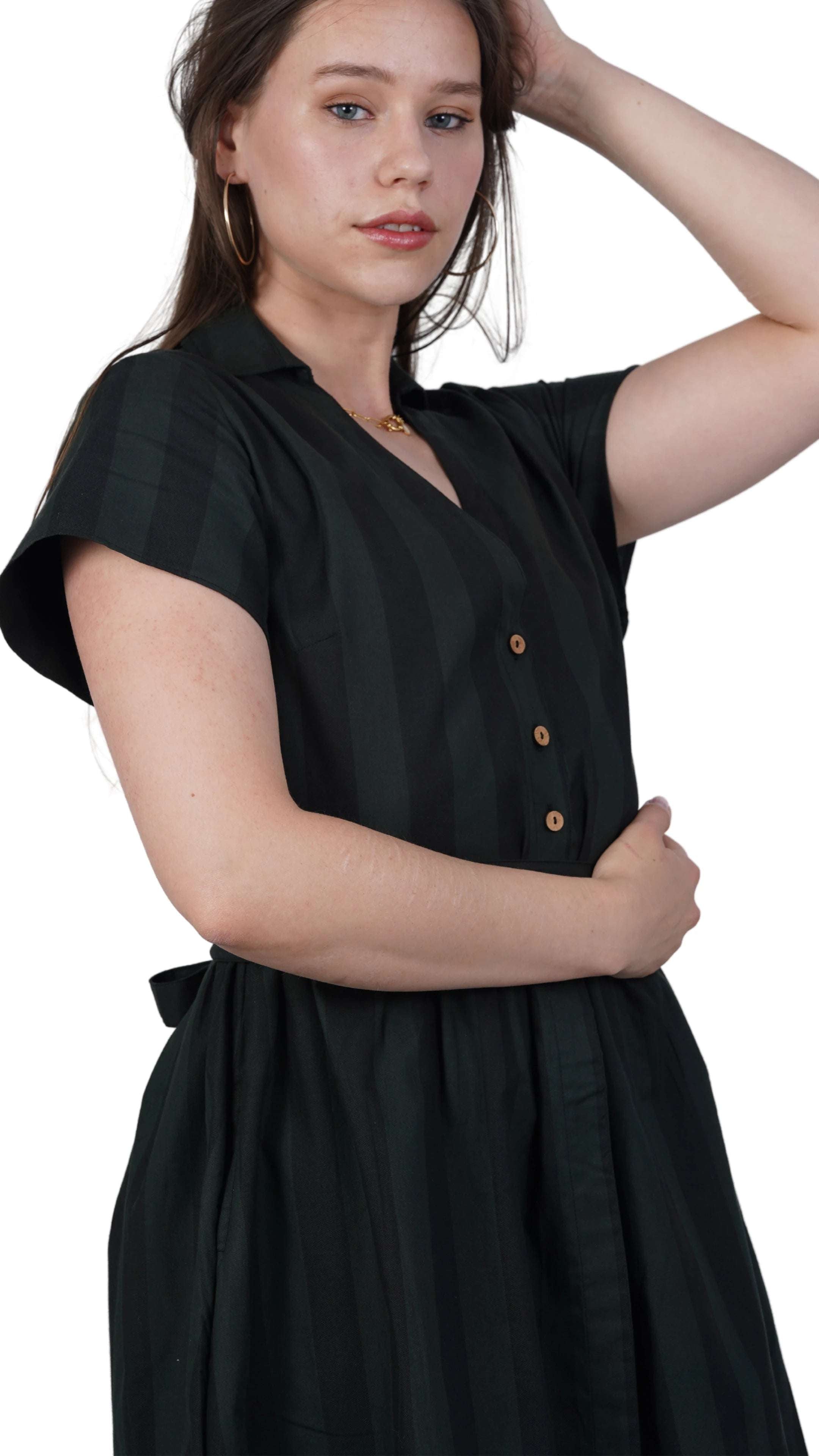 Elevate Your Style Sustainably: Green & Black Striped Elegance Slit Dress - DressKaree