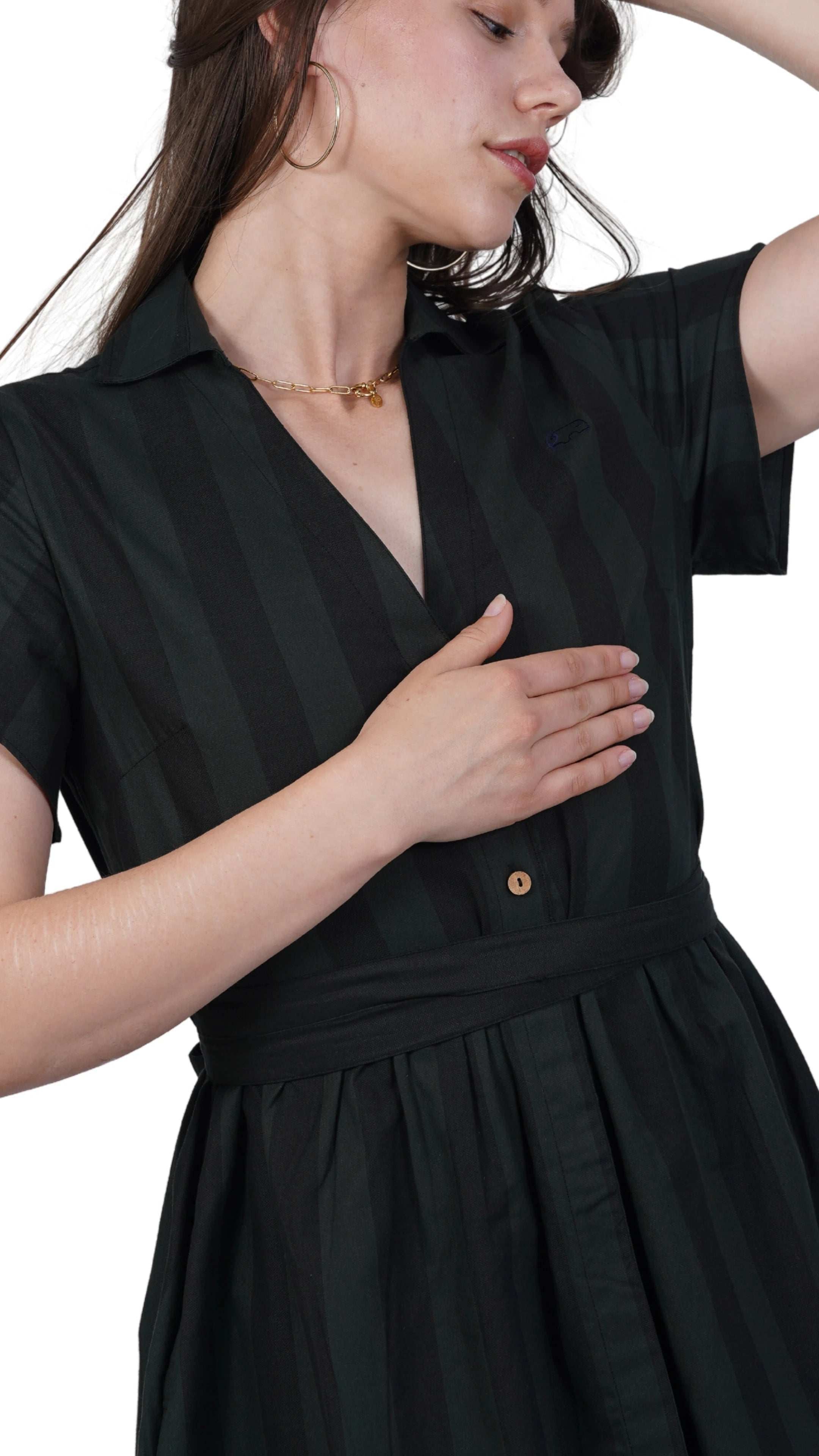 Elevate Your Style Sustainably: Green & Black Striped Elegance Slit Dress - DressKaree