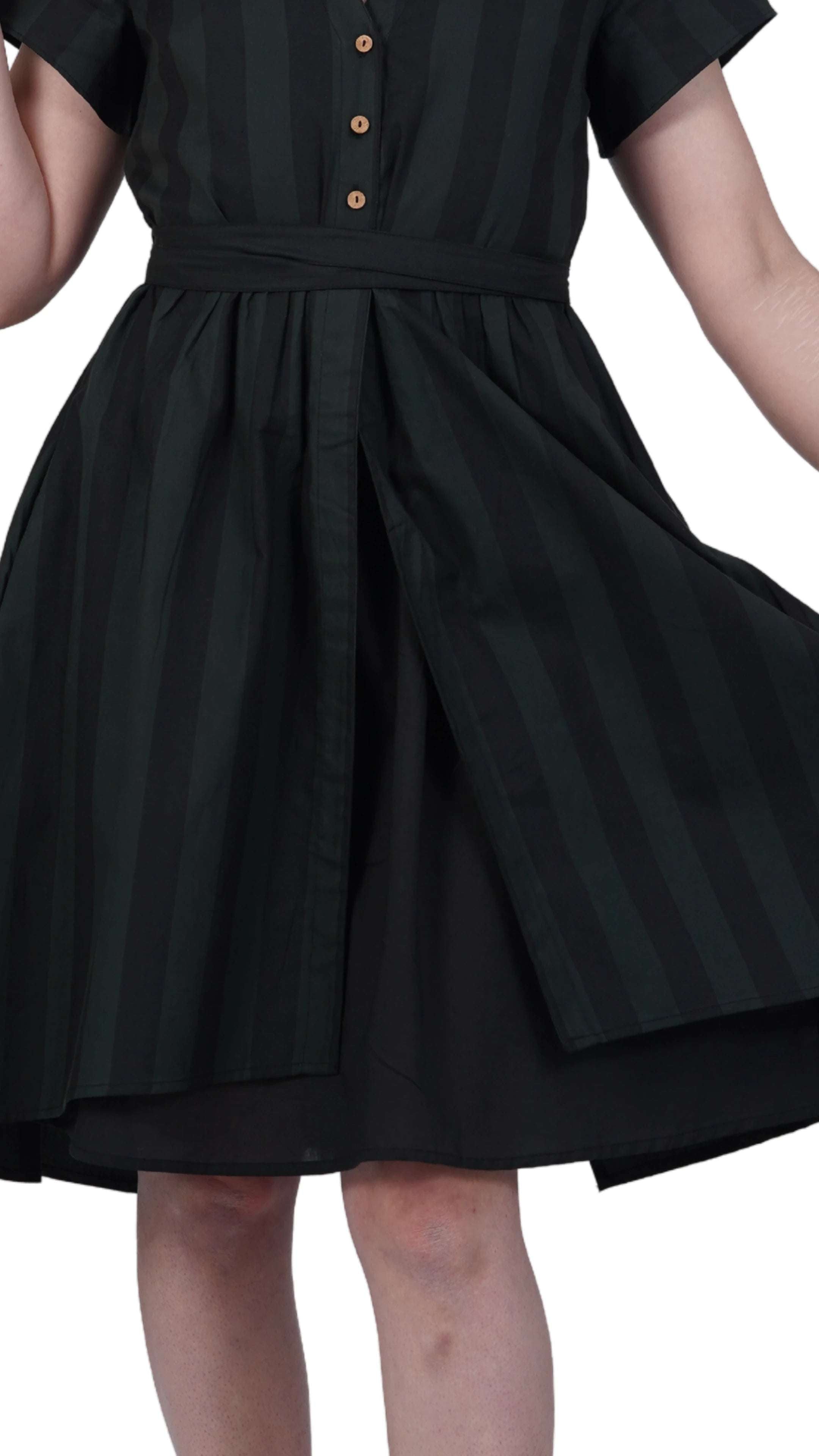 Elevate Your Style Sustainably: Green & Black Striped Elegance Slit Dress - DressKaree