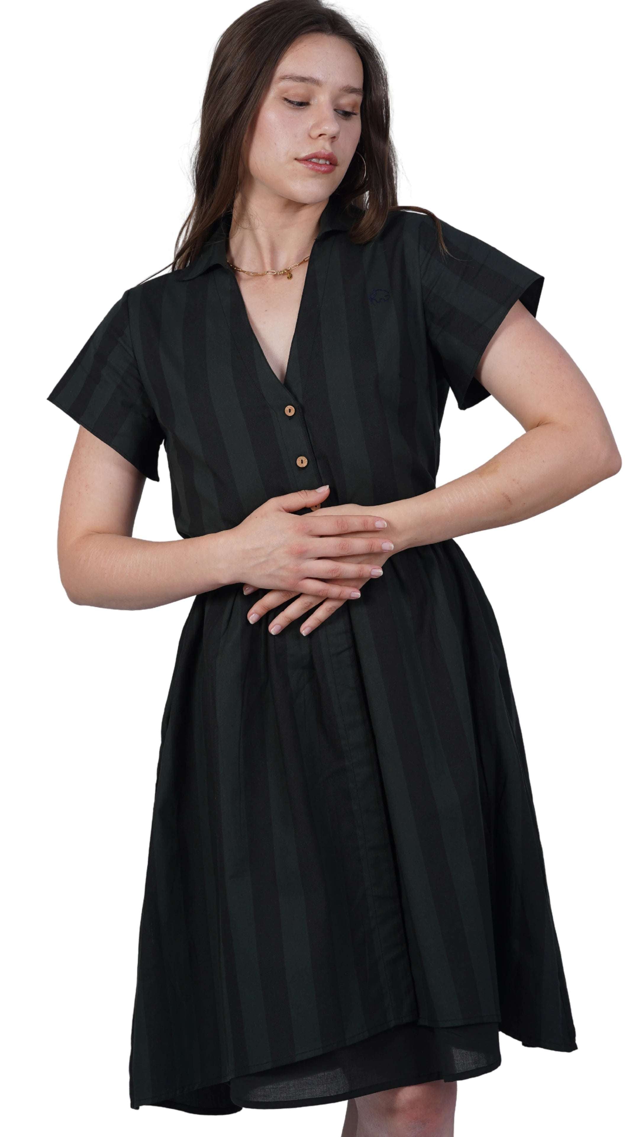 Elevate Your Style Sustainably: Green & Black Striped Elegance Slit Dress - DressKaree