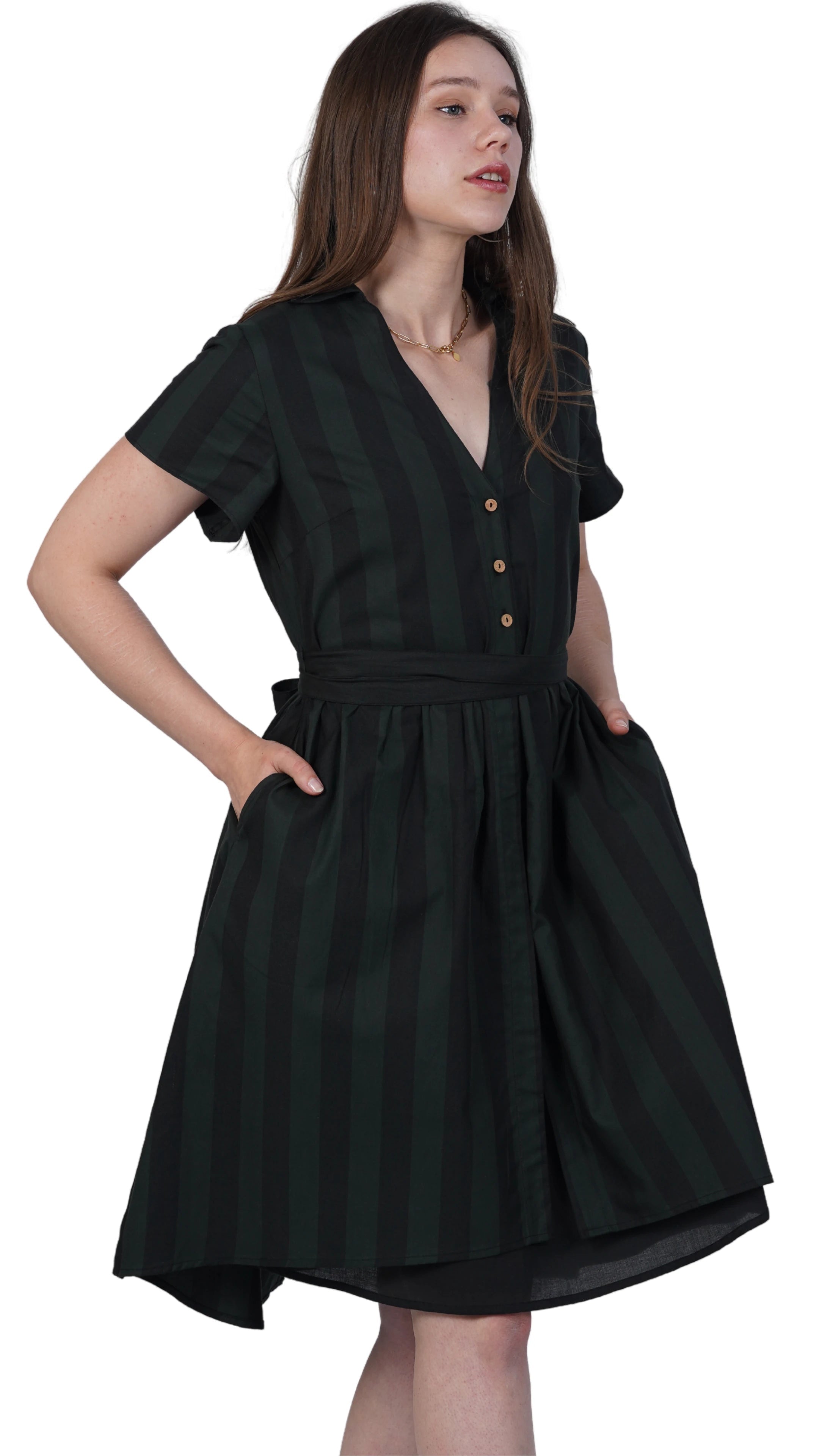 Elevate Your Style Sustainably: Green & Black Striped Elegance Slit Dress - DressKaree