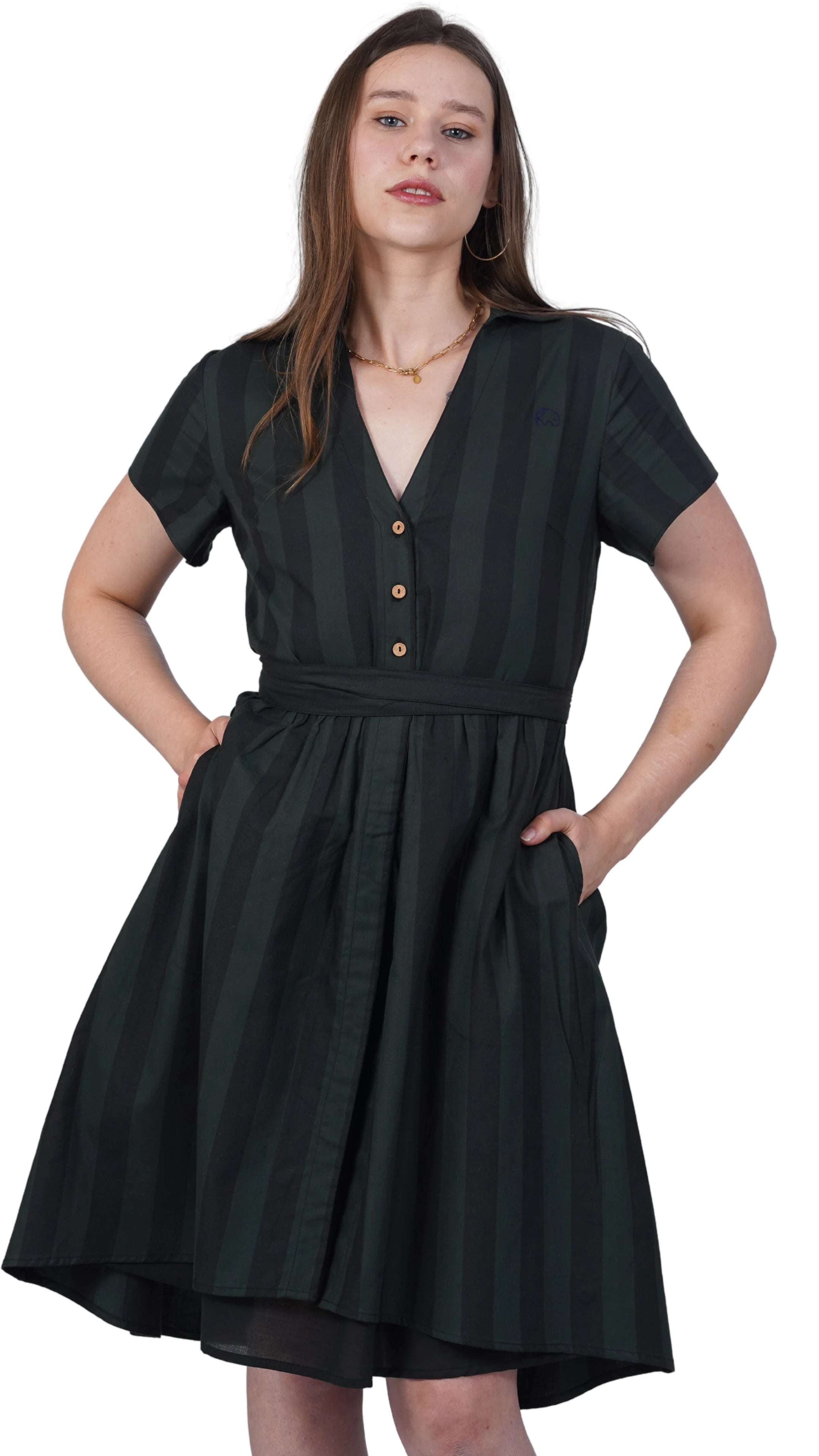 Elevate Your Style Sustainably: Green & Black Striped Elegance Slit Dress - DressKaree