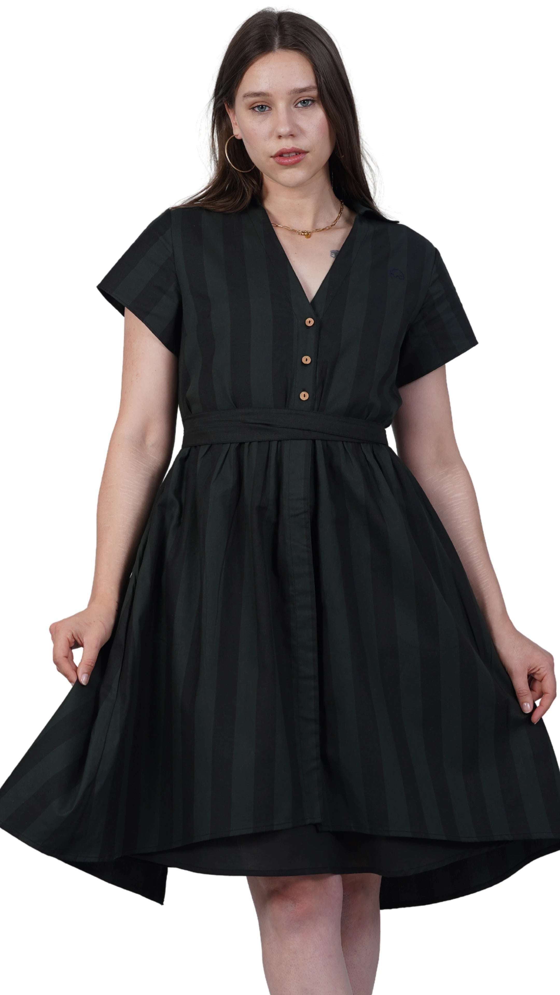 Elevate Your Style Sustainably: Green & Black Striped Elegance Slit Dress - DressKaree