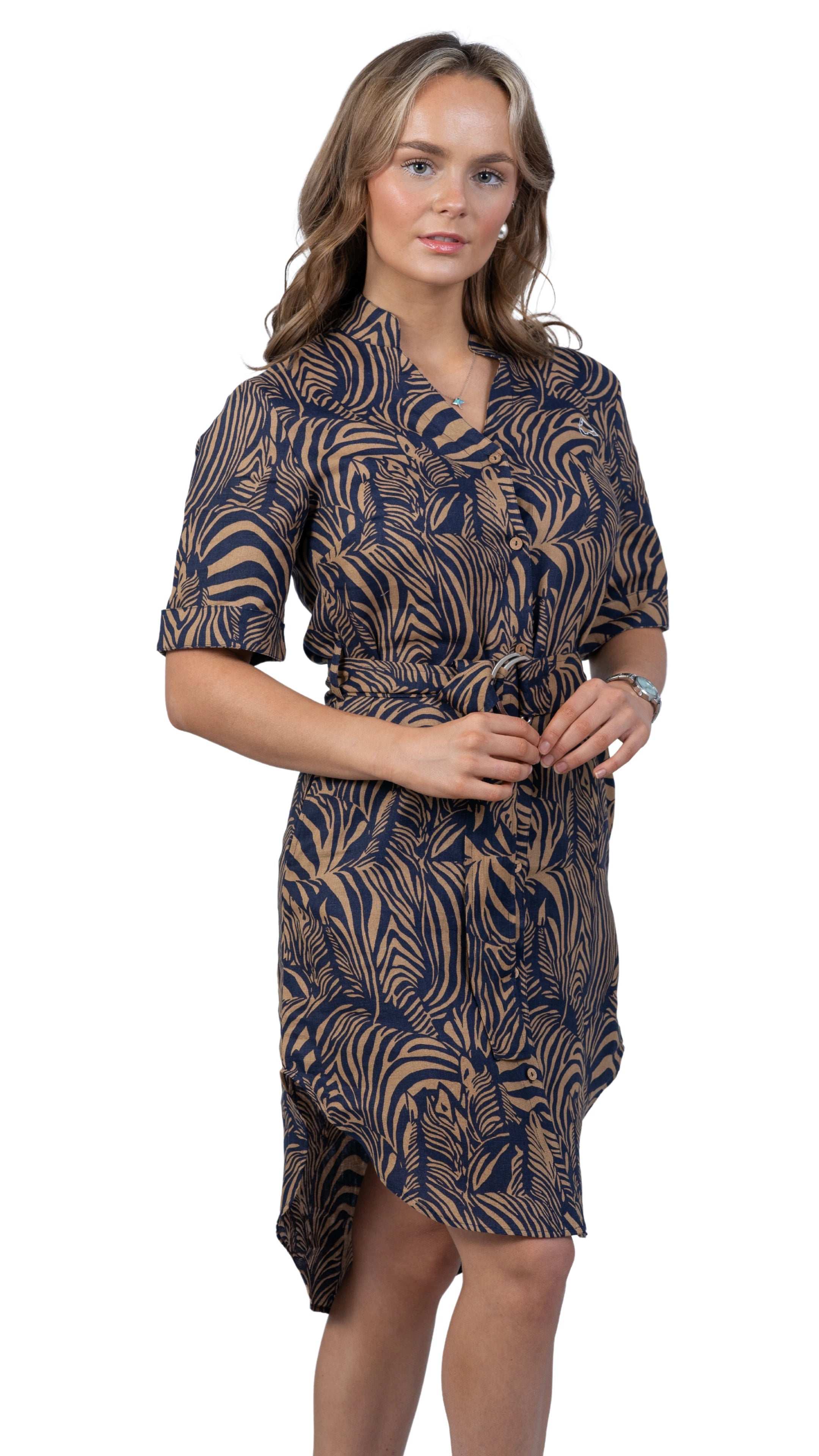 Embrace Coastal Chic with Sustainability: Navy Nights Golden Palm Leaves Linen Shirt Dress - DressKaree