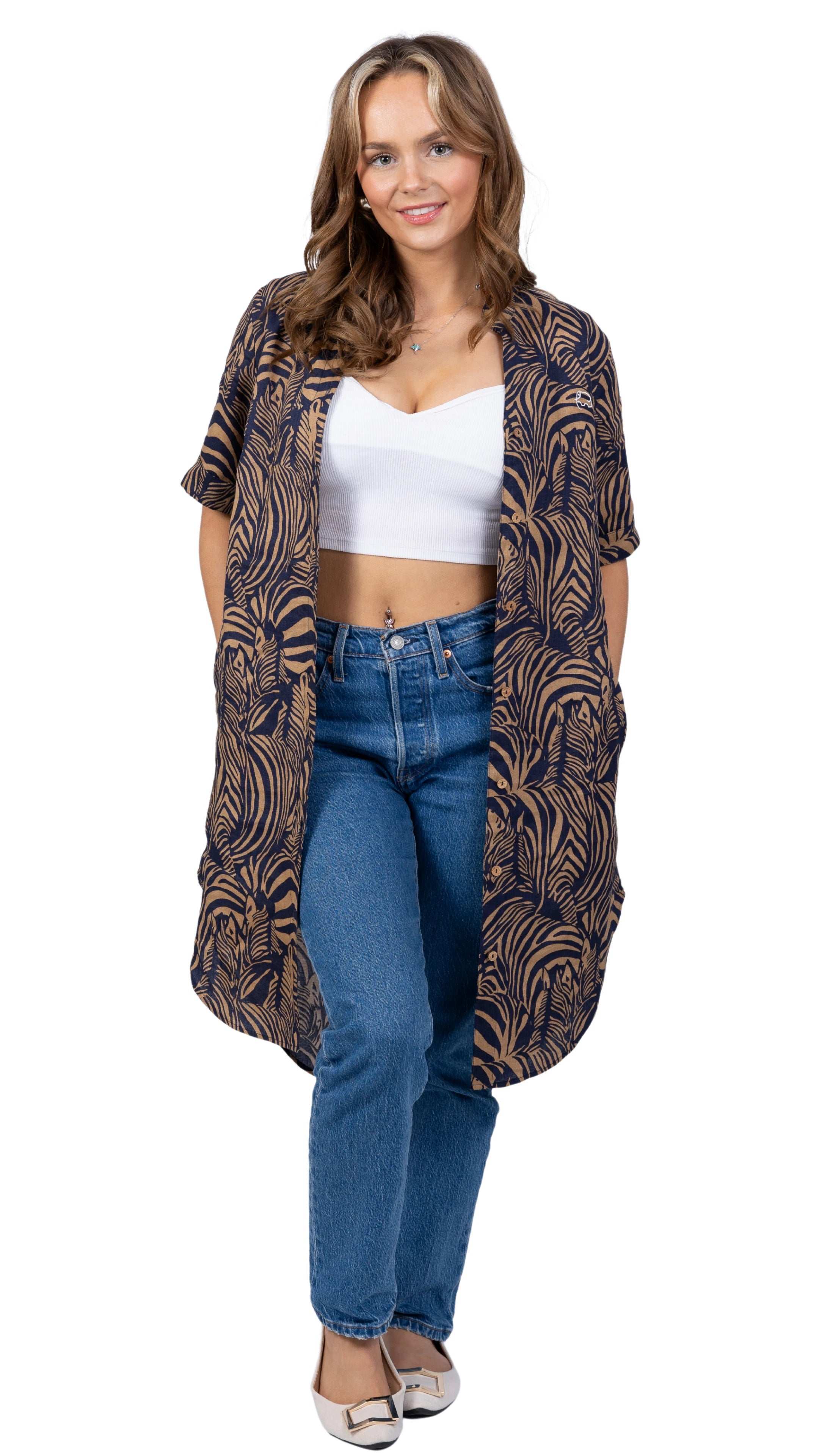 Embrace Coastal Chic with Sustainability: Navy Nights Golden Palm Leaves Linen Shirt Dress - DressKaree