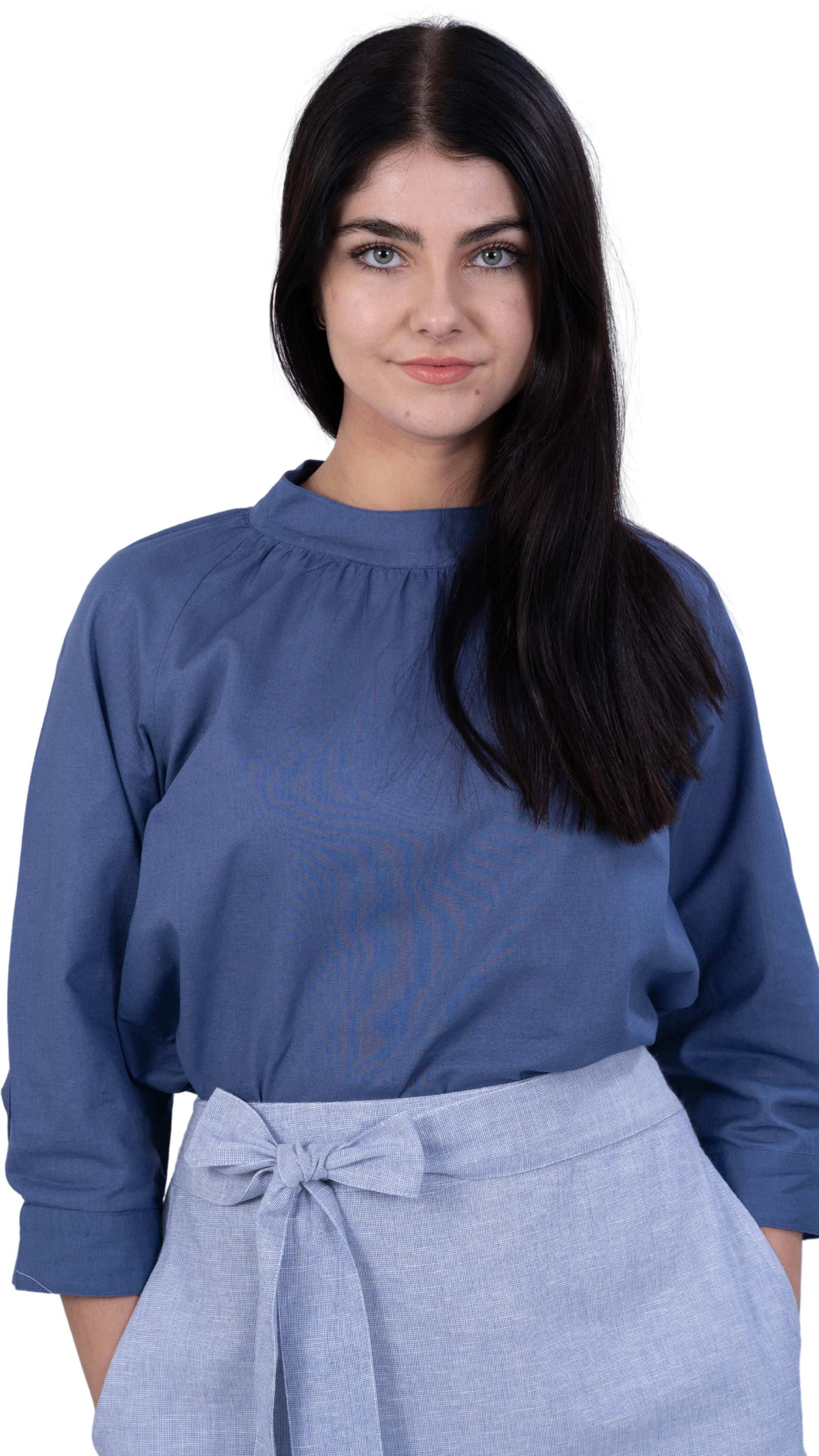 Embrace Tranquil Elegance: Bio Blue 3/4 Sleeve Linen Top - TopsKaree
