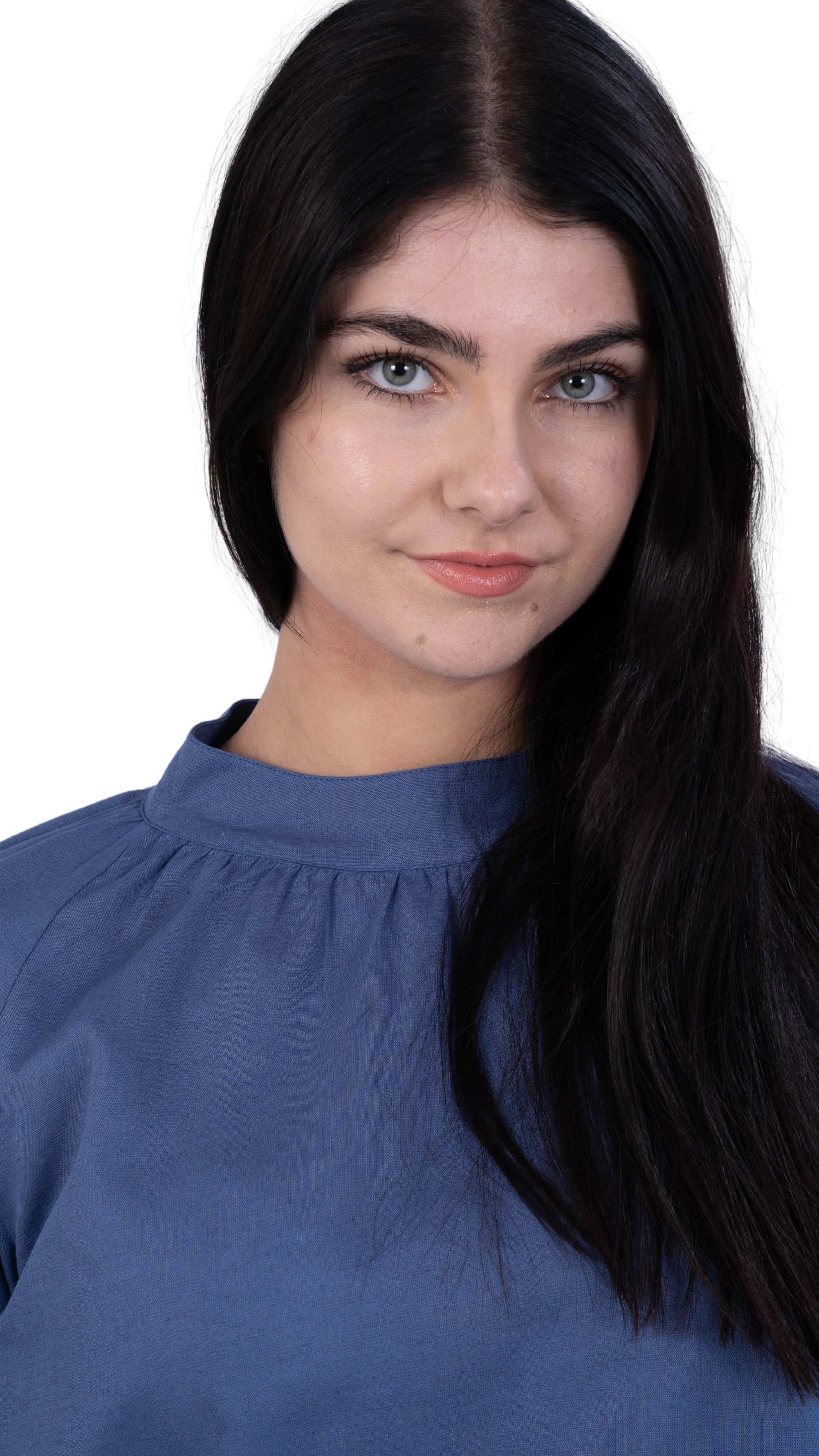 Embrace Tranquil Elegance: Bio Blue 3/4 Sleeve Linen Top - TopsKaree