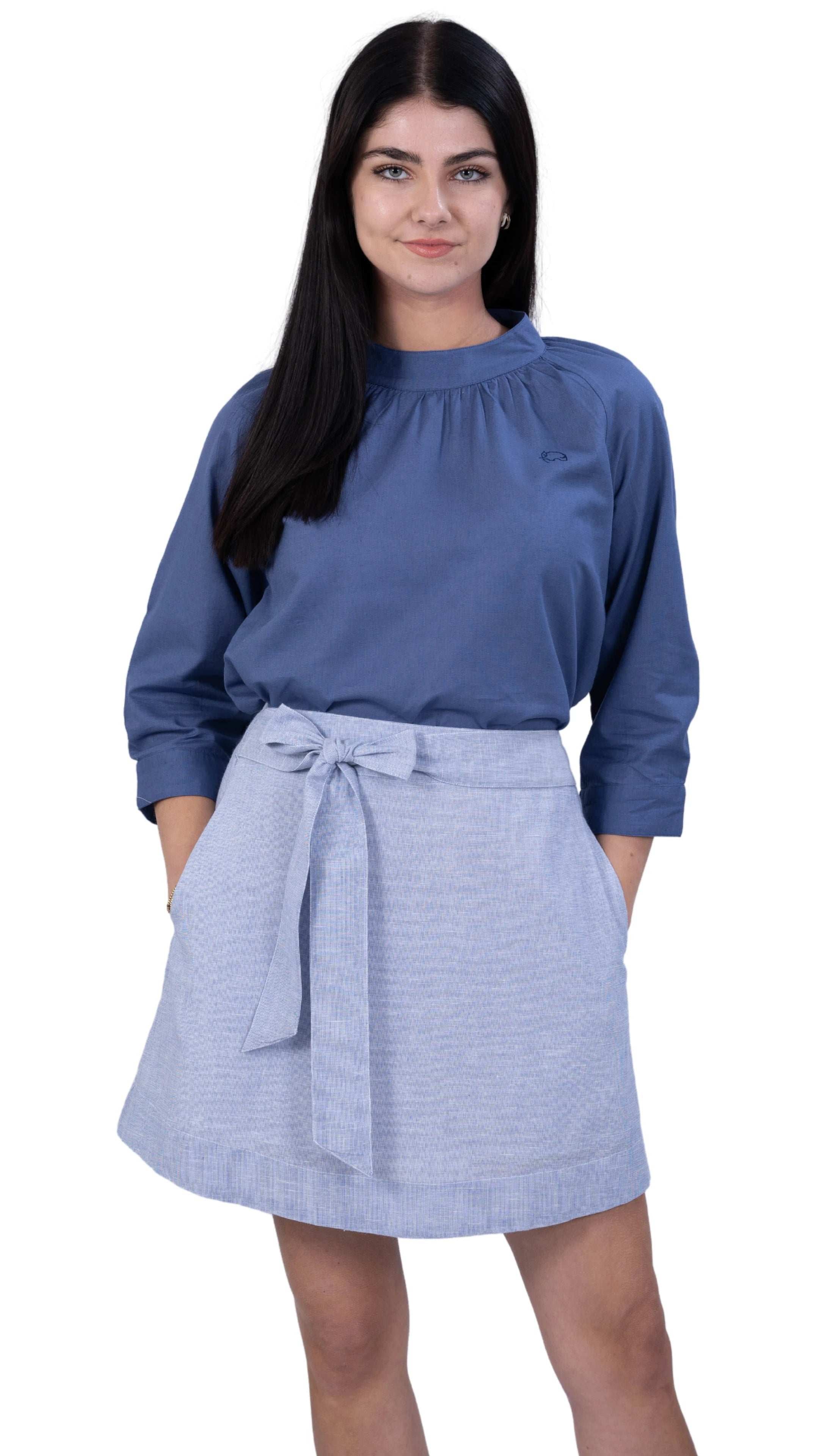 Embrace Tranquil Elegance: Bio Blue 3/4 Sleeve Linen Top - TopsKaree