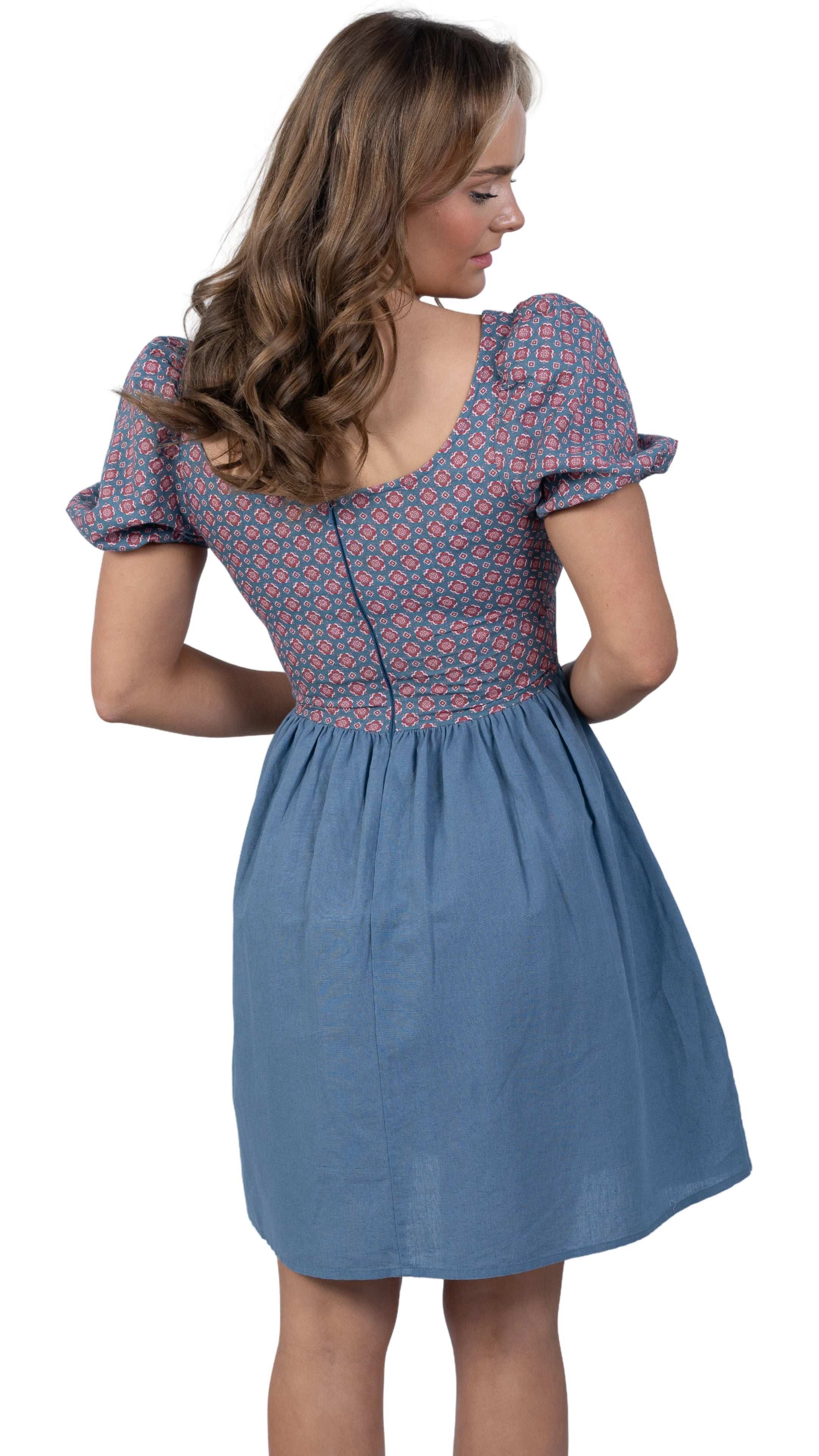 Roman Elegance Blue Floral Frock Dress - DressKaree