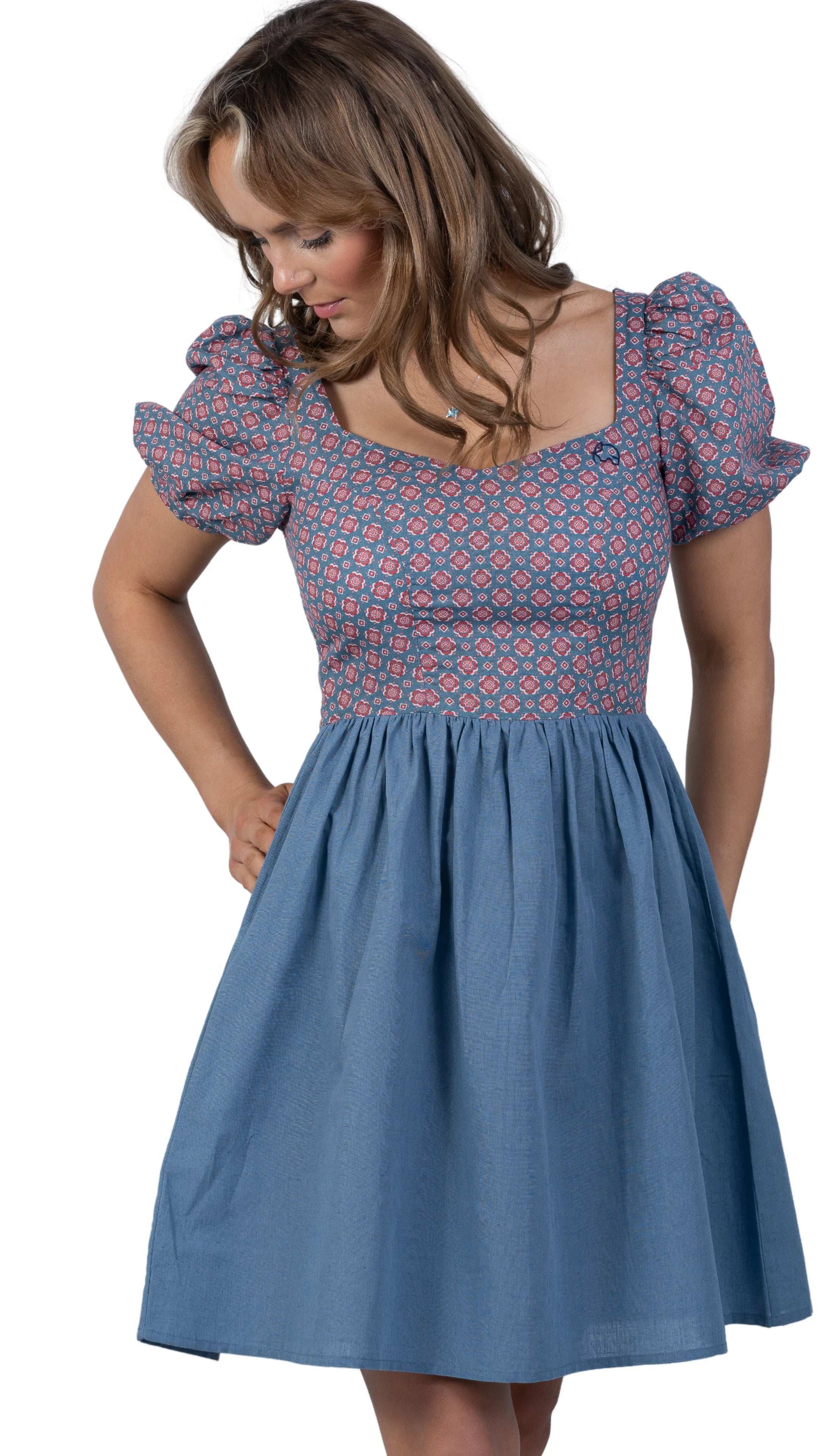 Roman Elegance Blue Floral Frock Dress - DressKaree