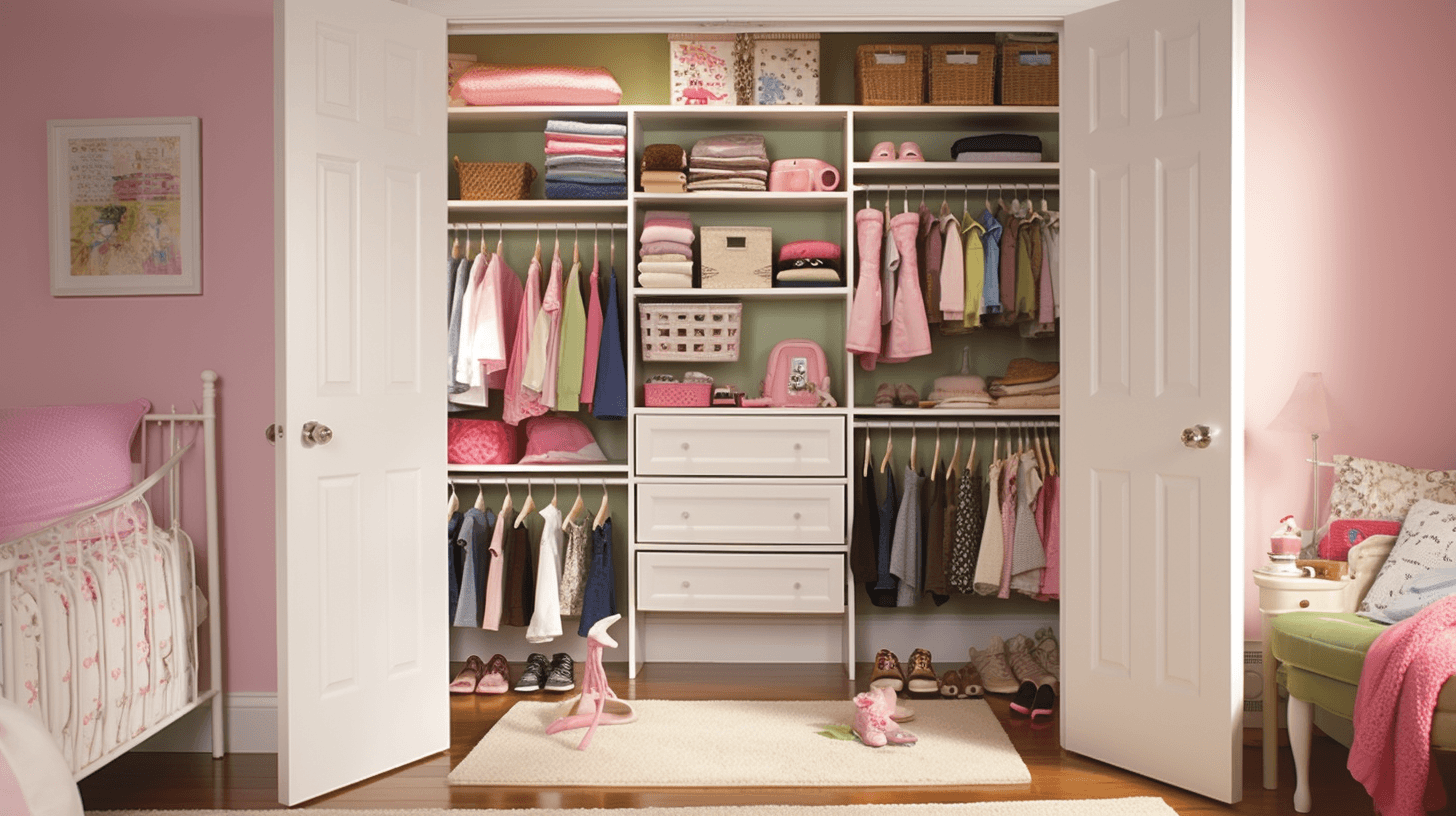 Karee Kids Sustainable Fashion A girl's bedroom with a closet full of clothes for dressing smartly.