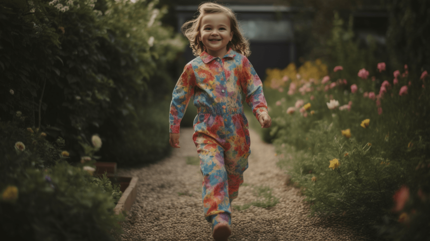 Karee Kids Sustainable Fashion A little girl in a comfortable and sustainable cotton jumpsuit running through a garden.