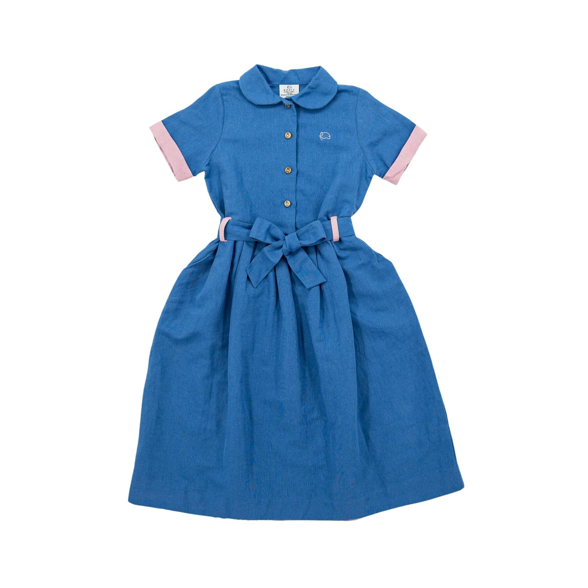 Karee's Parisian Blue Linen Dress for Girls, with short sleeves, contrasting pink cuffs, and a belted waist, displayed on a white background.