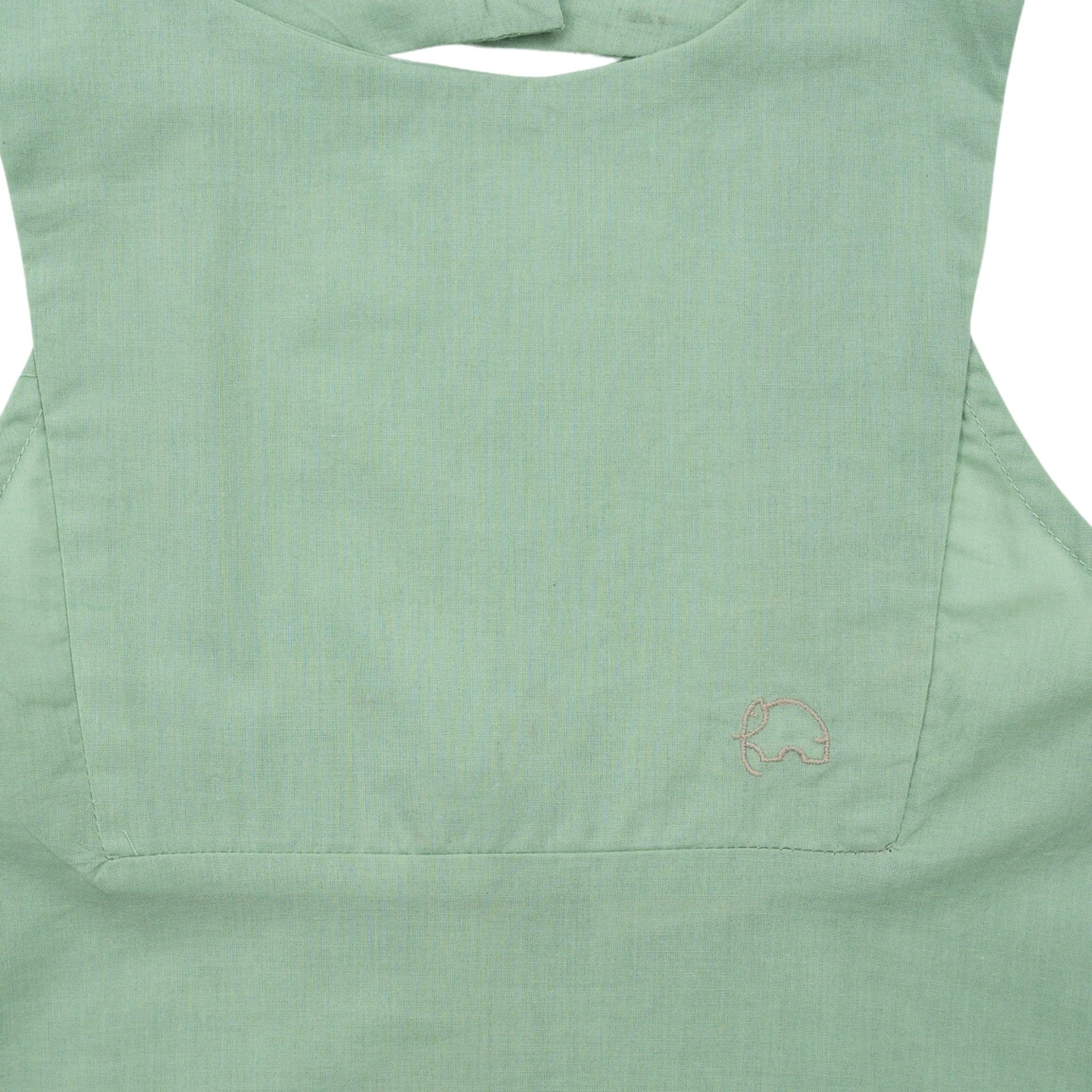 Smoke Green Cotton Bib Neck Top for kids with a small stitched elephant design near the bottom by Karee.