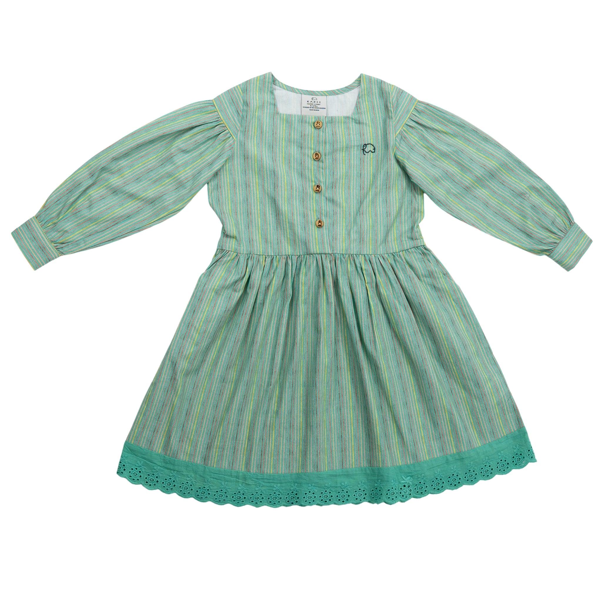 A Karee green and blue striped toddler dress with long puff sleeves, a peter pan collar, and teal lace trim at the hem, displayed against a white background.