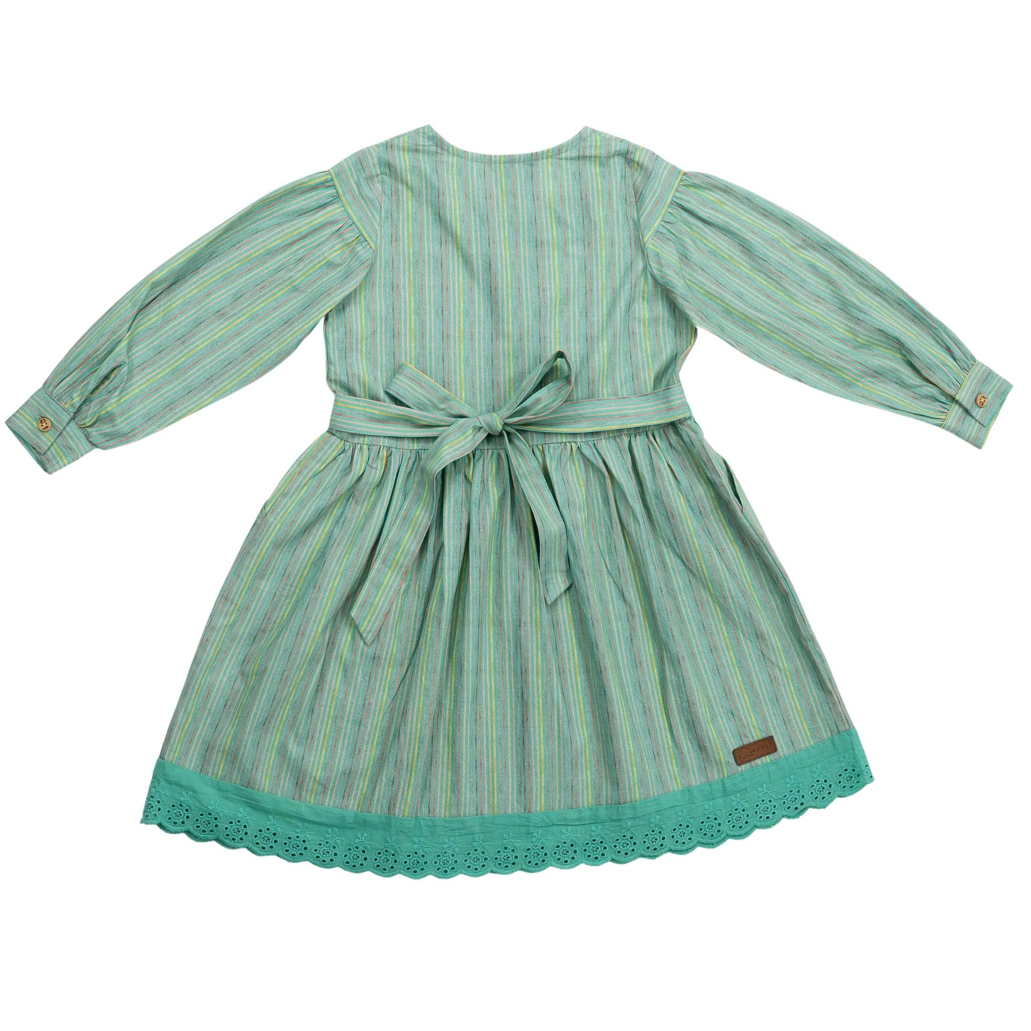 An eco-friendly Green Striped Long Puff Sleeve Cotton Dress with a bow from Karee.