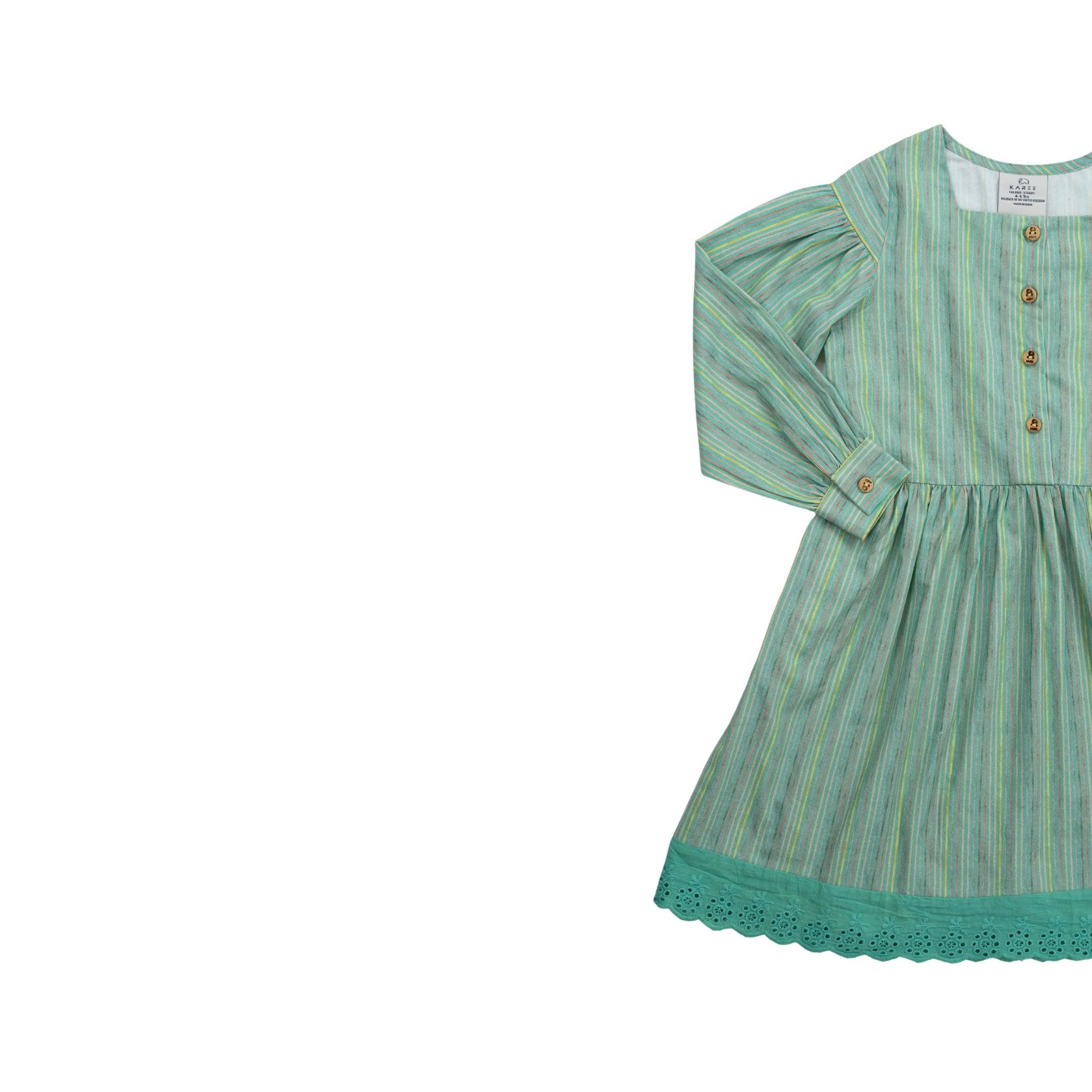 A Karee green and white striped toddler's dress with long puff sleeves and teal lace trim, displayed on a plain white background.