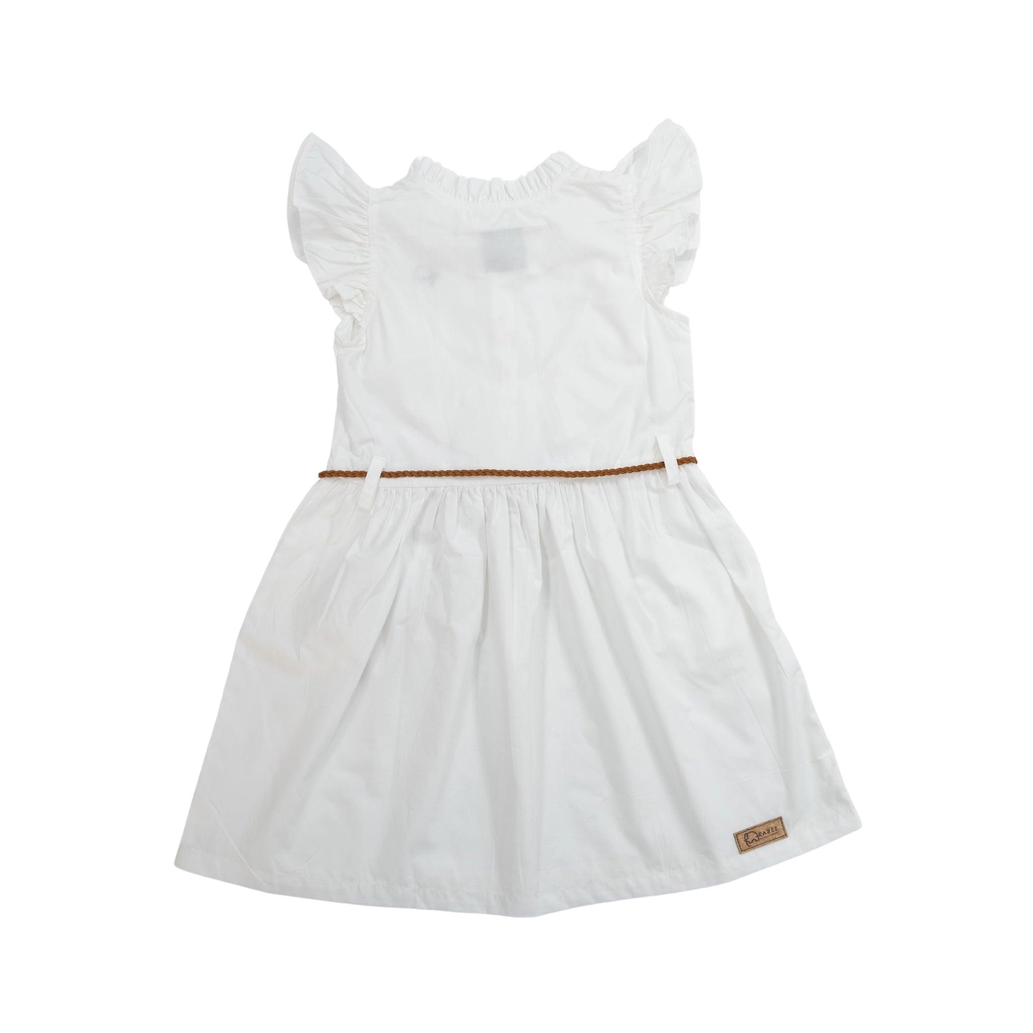 A white toddler's Butterfly Sleeve Cotton Dress in White with butterfly sleeves and a thin brown belt, displayed against a plain white background by Karee.