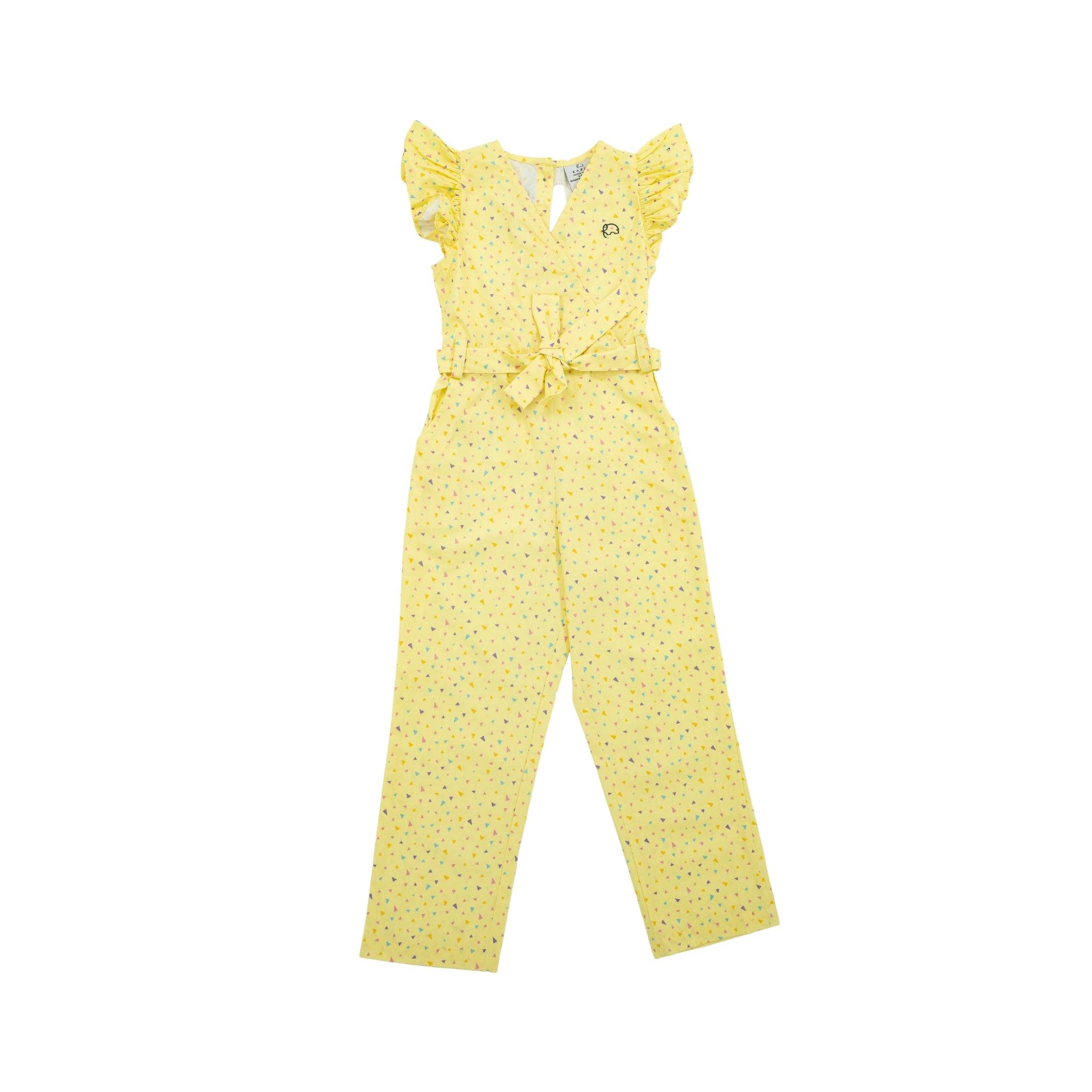 Lemon Meringue Cotton V-Neck Jumpsuit for Girls by Karee with a belted waist, ruffled sleeves, and a polka dot pattern displayed on a white background.