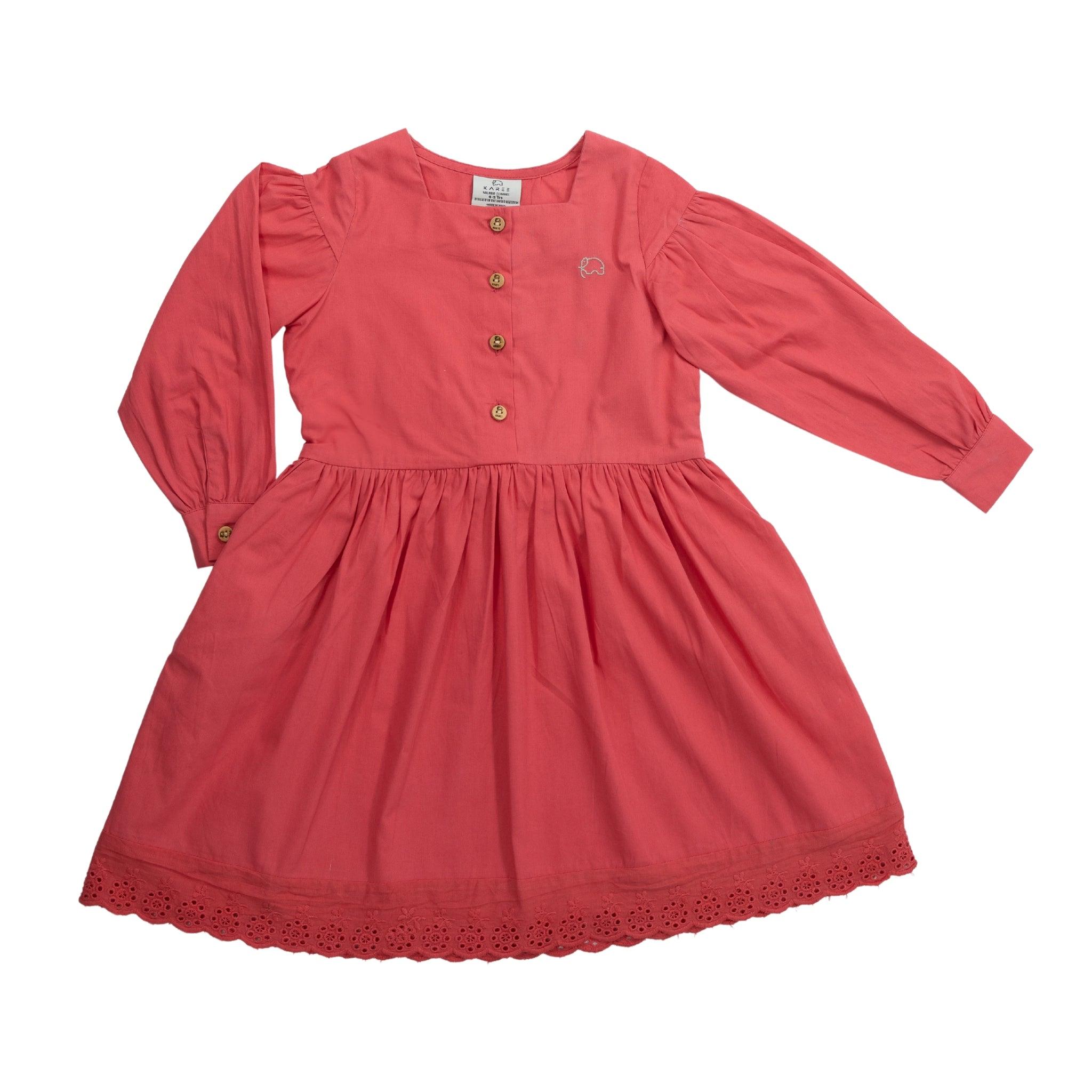 A red, eco-friendly long-sleeved dress for toddlers with button front and lace trim at the hem, displayed against a white background by Karee.